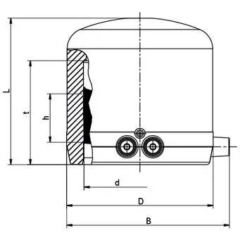 Technisches Maßdiagramm eines Zylinderbehälters mit abgerundetem Oberteil, mit gekennzeichneten Messungen L, t, h, d, D und B, sowie Seitenöffnungen und einem Schnittquerschnitt.