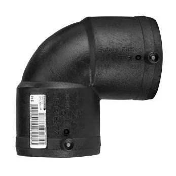 Schwarze 90-Grad-Kunststoffrohr-Bogenfitting mit Barcode-Etikett, dargestellt auf weißem Hintergrund.