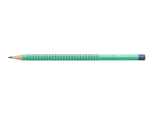 Grüner Holzstift mit angespitzter Graphitmine und dunkelblauer Radiergummikappe, horizontal auf weißem Hintergrund dargestellt.
