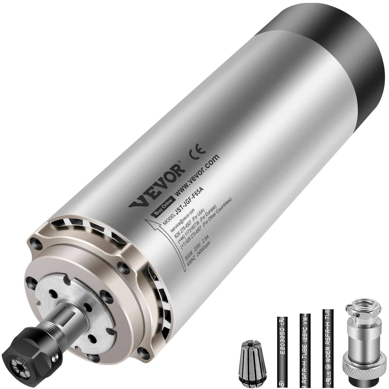 Silberner VEVOR-Zylinderspindelmotor mit Spannzangenfutter und daneben abgebildetem Zubehör auf weißem Hintergrund.