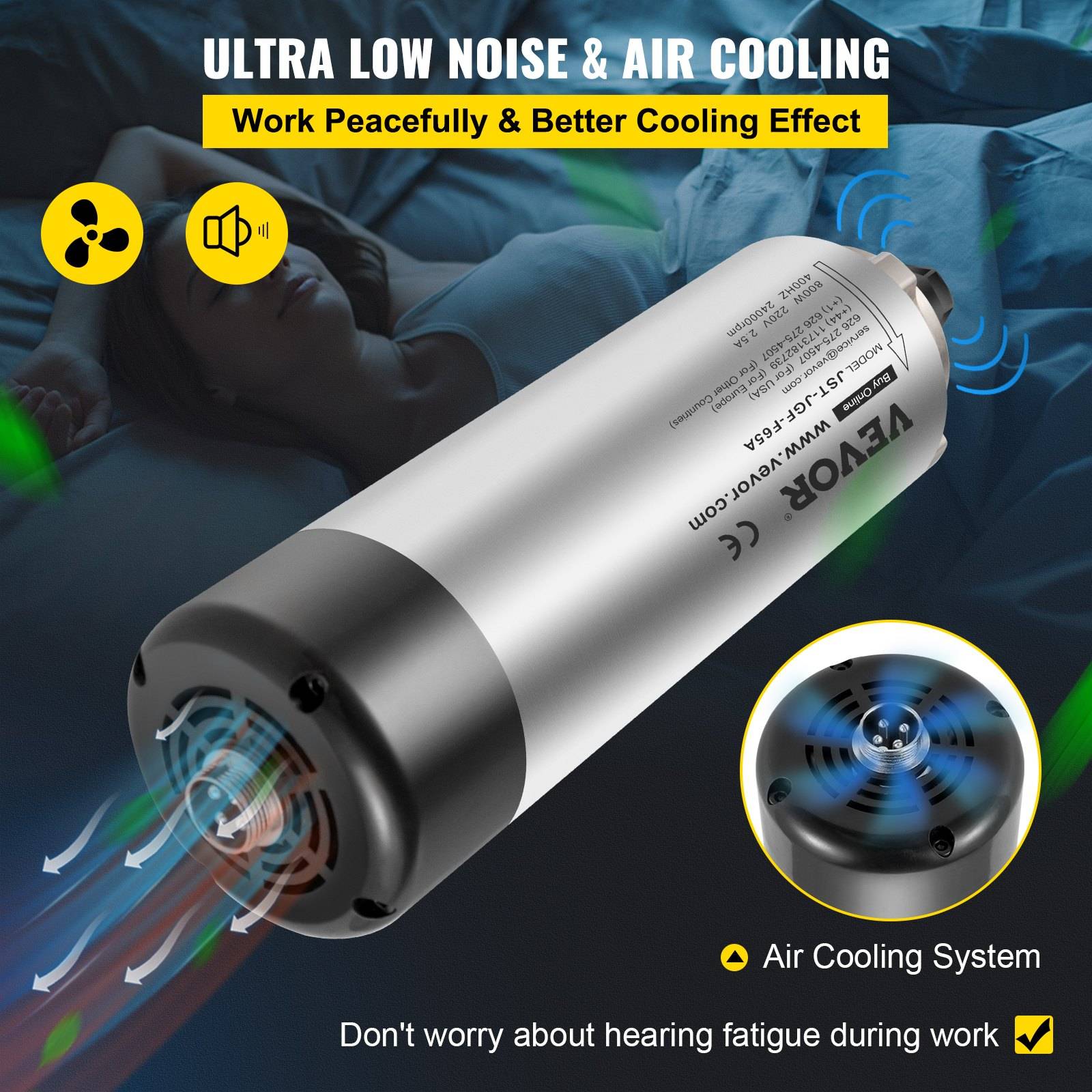 Werbebild einer silbernen elektrischen Pumpe oder eines Motors mit der Aufschrift „ULTRA LOW NOISE & AIR COOLING