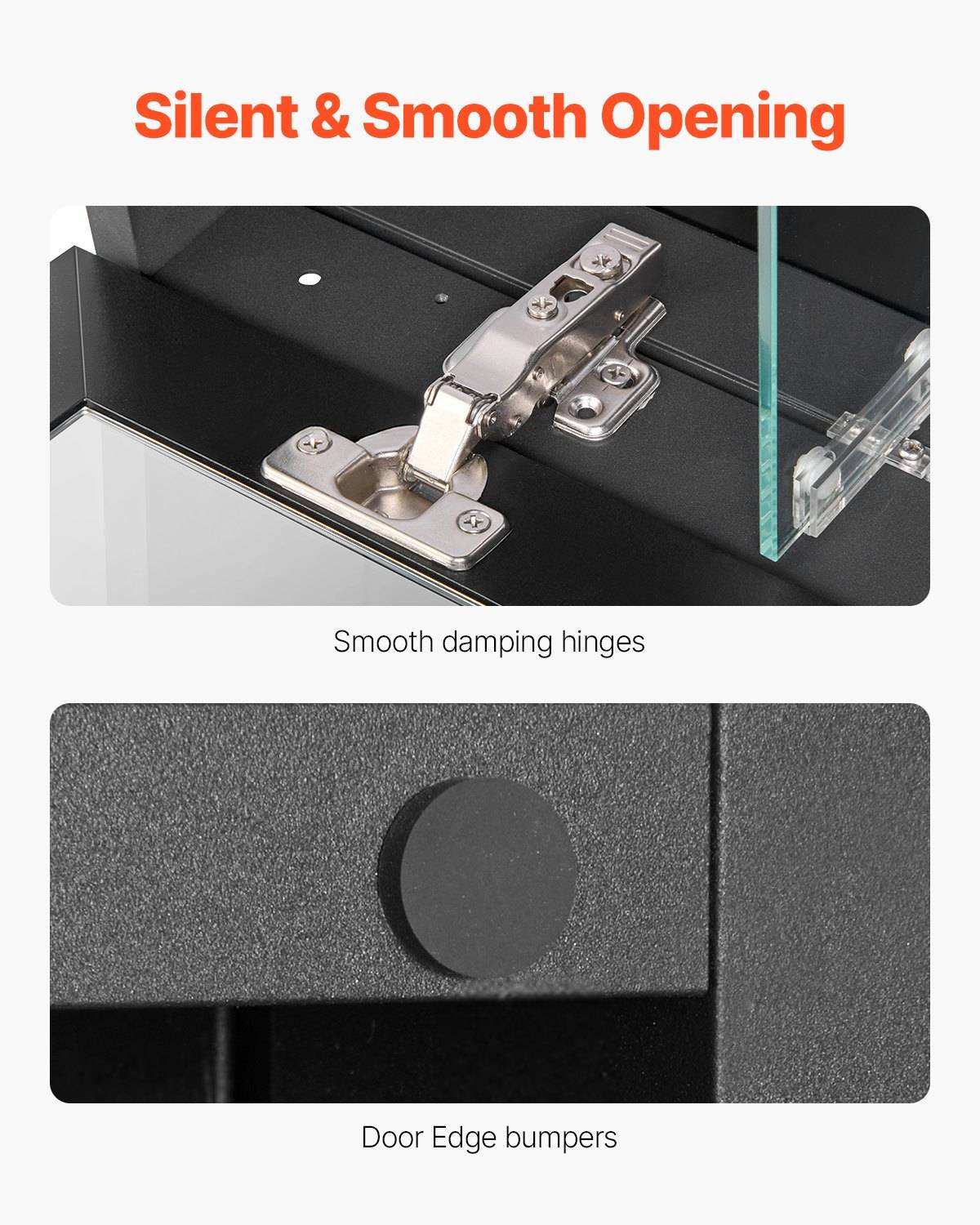 Werbegrafikm das Schrankhardware zeigt: ein Soft-Close-Scharnier mit der Bezeichnung „Sanfte Dämpfungsschariere" und eine runde Türkantenschutzleiste mit der Bezeichnung „Türkantenschutzleisten"" unter der Überschrift „Stilles und sanftes Öffnen"".