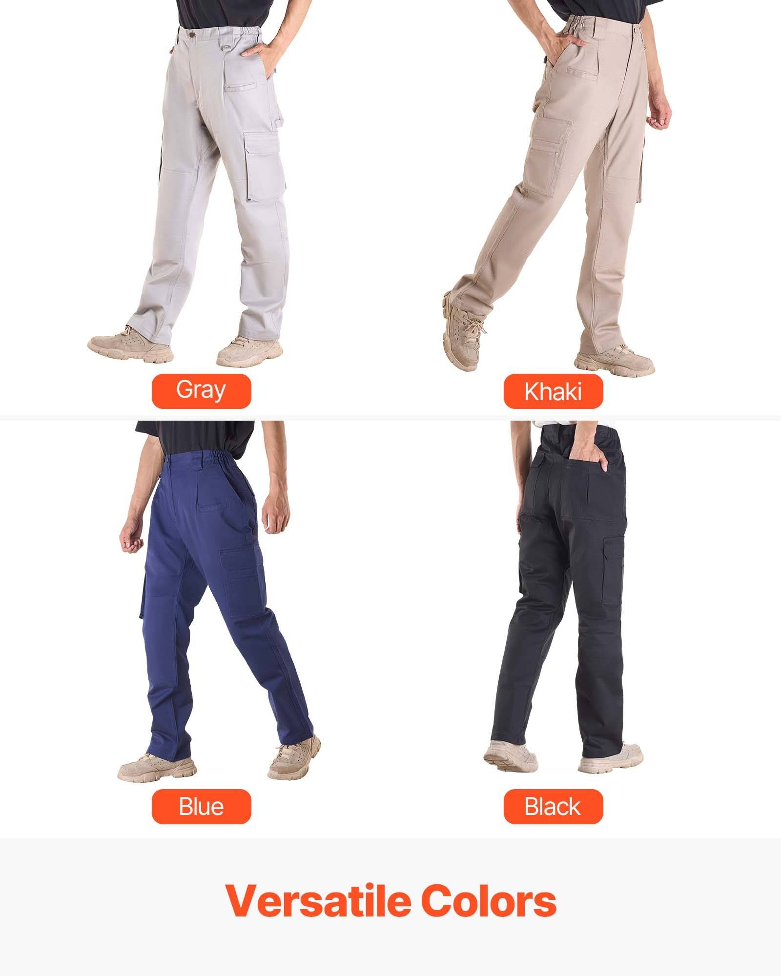 Vergleich von Vier-Farben-Hosen zeigt grau, khaki, blau und schwarze Optionen mit der Beschriftung "Vielseitige Farben"