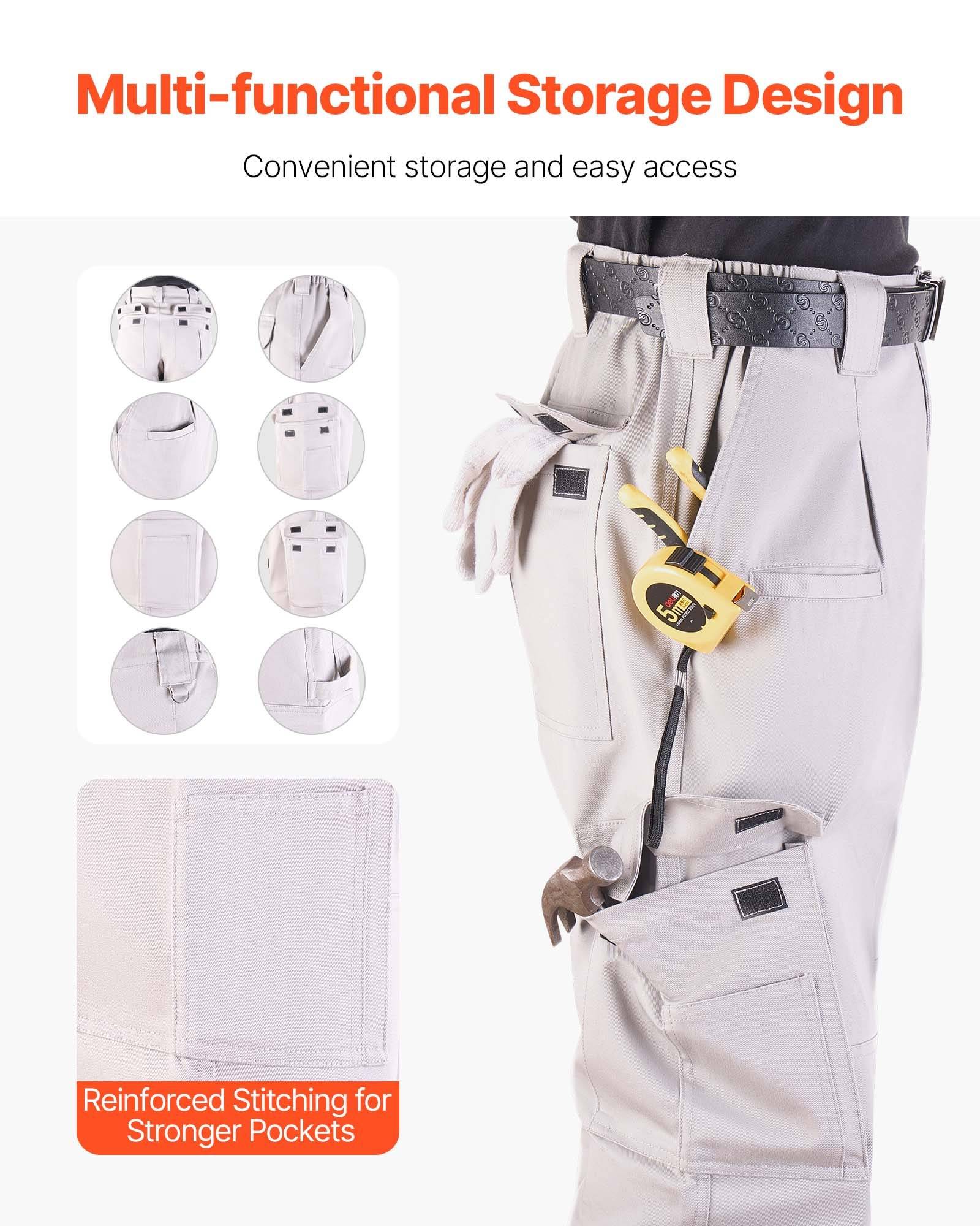 Werbebild von Arbeitshosen mit mehreren verstärkten Taschen und hängenden Werkzeugen, beschriftet mit „Multi-funktionales Lagerungsdesign" und „Verstärkte Nähte für stärkere Taschen"".
