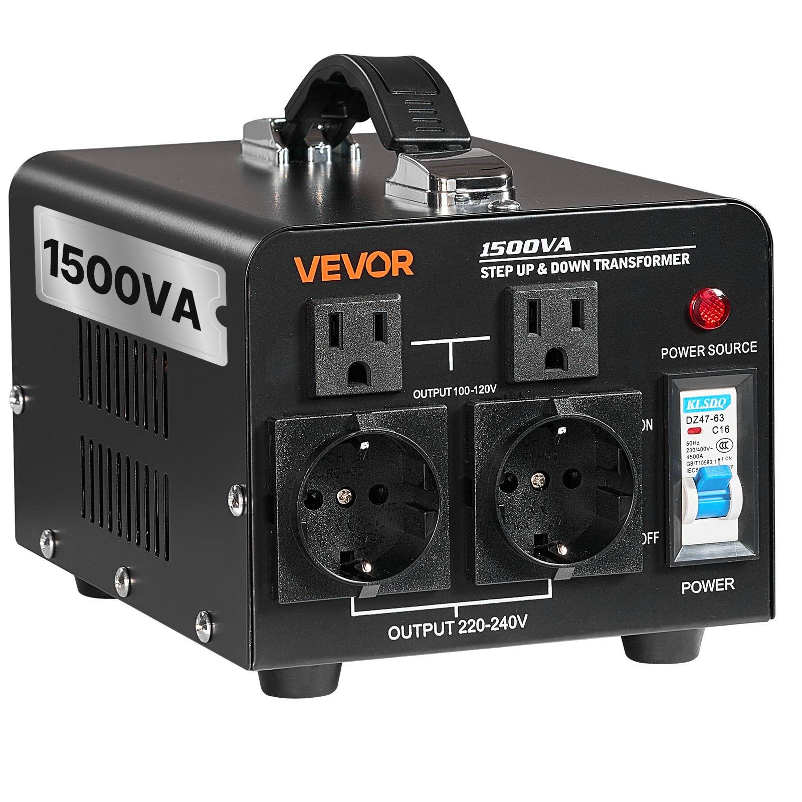 Schwarzer 1500VA VEVOR Spannungswandler mit Griff, Steckdosen für 100–120V und 220–240V, Stromschalter und Kontrollleuchte.