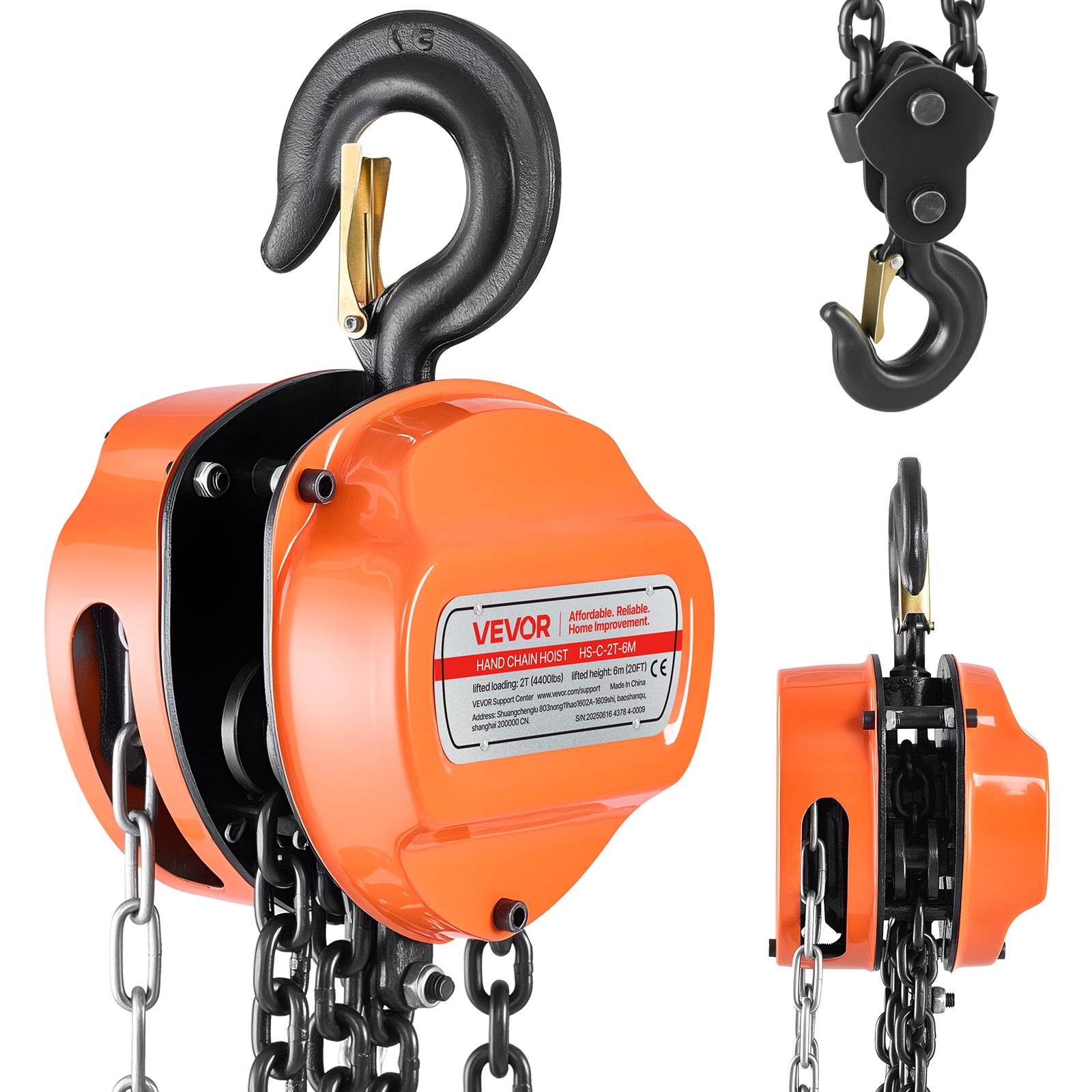 Orange VEVOR manueller Kettenzug mit schwarzem oberen Haken und Kette, von vorne, von der Seite und Hakendetail auf weißem Hintergrund dargestellt.