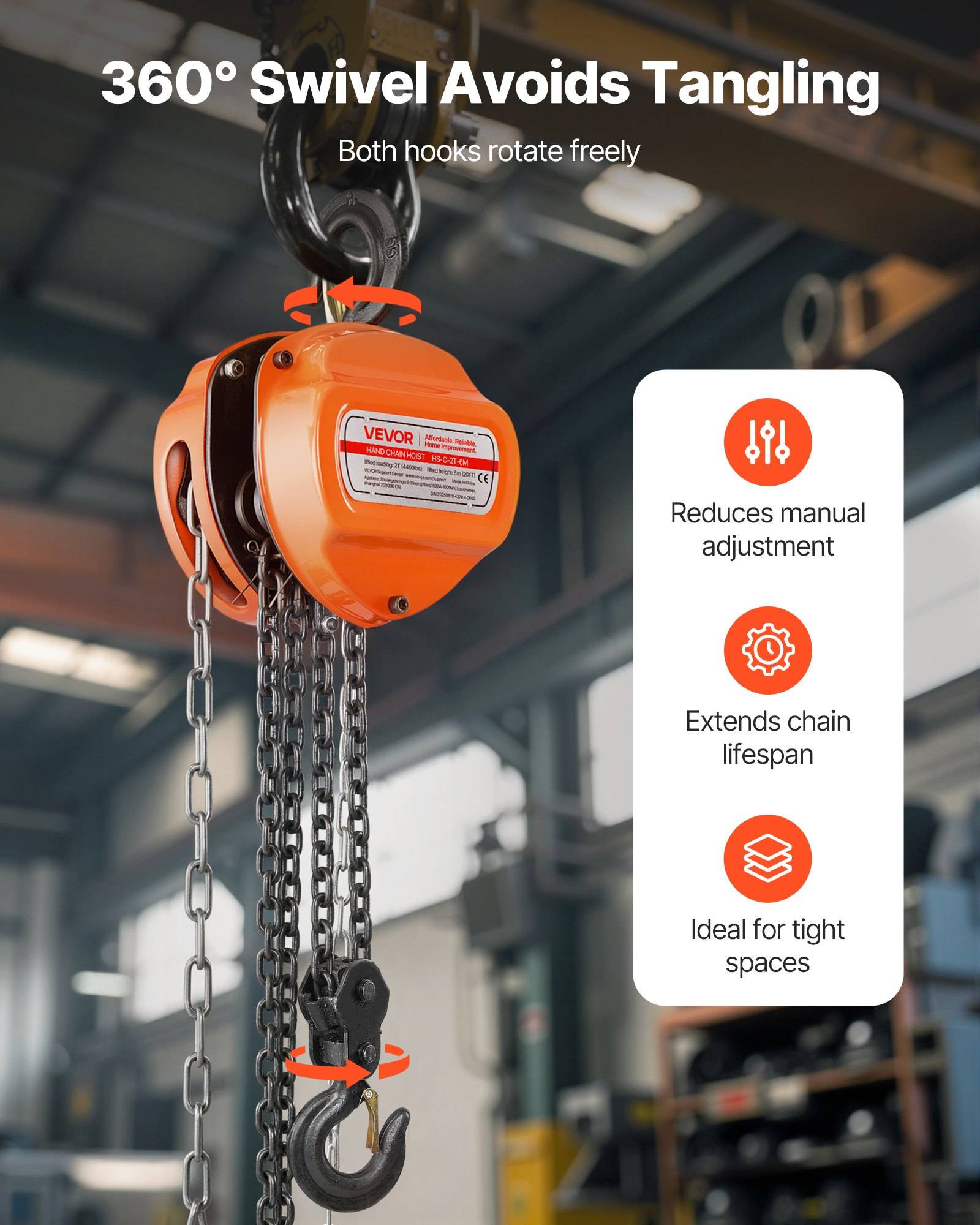 Werbebild eines orangefarbenen Kettenzugs mit 360°-Schwenkhaken; der Text besagt, dass er die manuelle Einstellung reduziert, die Lebensdauer der Kette verlängert und in enge Räume passt.