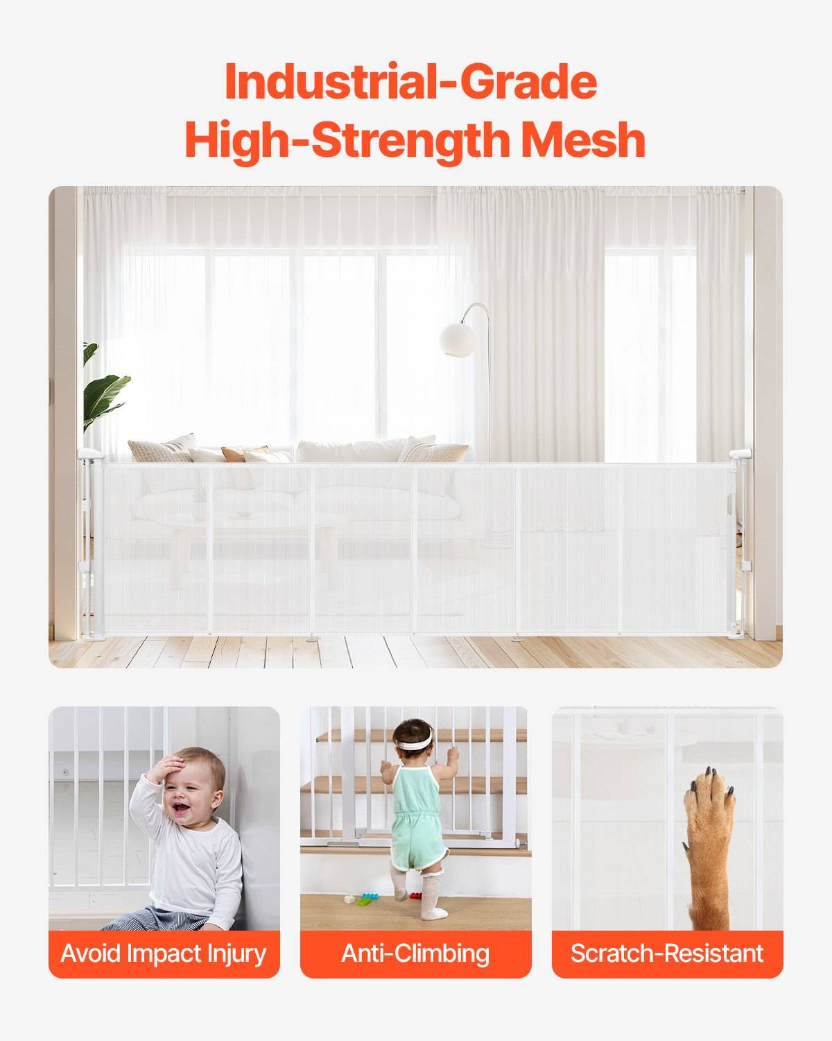 Babysicherheitstor mit industrietauglichem hochfestem Netz, in einem Zimmer gezeigt und hervorgehoben als stoßabsorbierend, klettersicher und kratzfest.