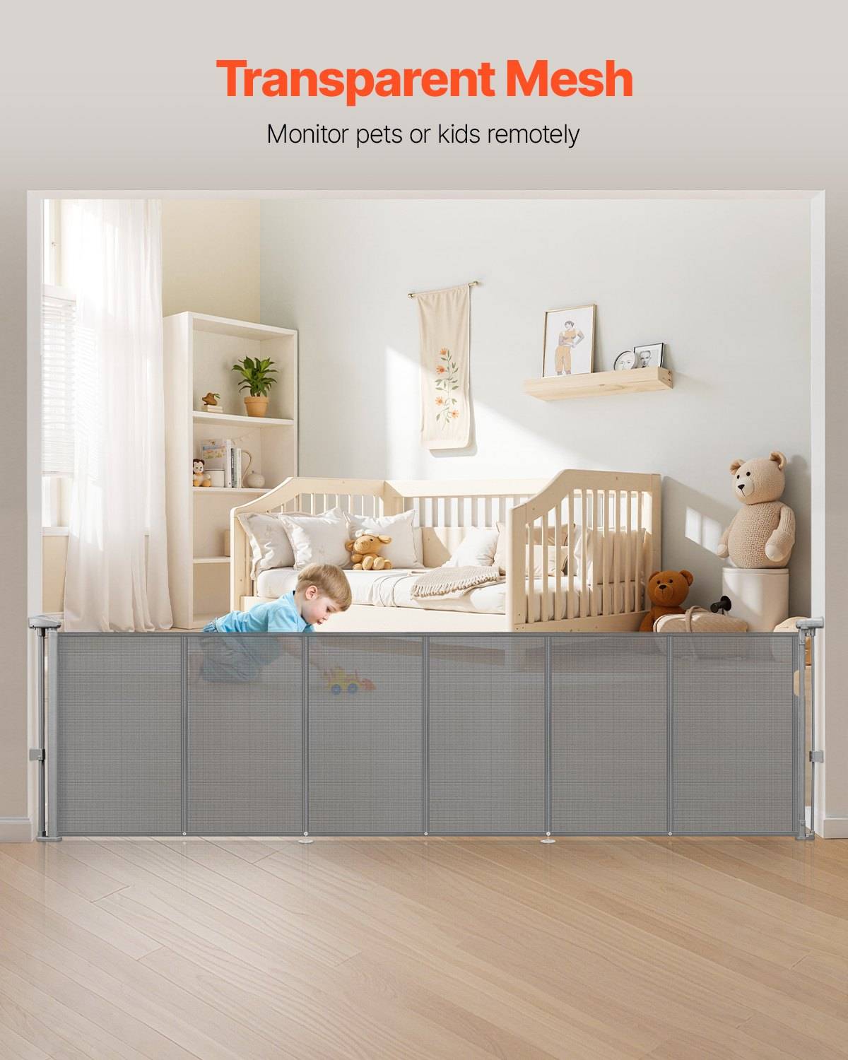 Werbebild eines transparenten Mesh-Sicherheitsgitters, das ein Kinderbett blockiert, mit dem Text „Transparentes Mesh" und „Haustiere oder Kinder aus der Ferne überwachen"".