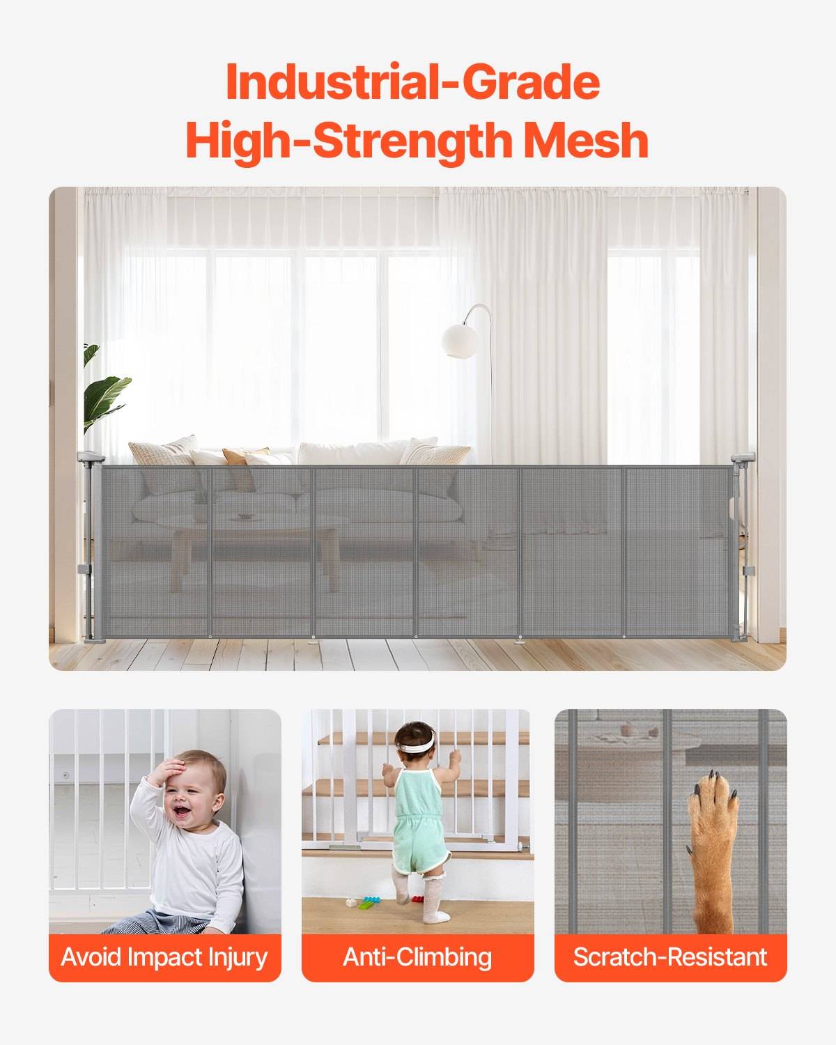 Werbebild eines industriellen Hochleistungs-Mesh-Babygitters in einem Haus, dargestellt als stoßfest, kletterresistent und kratzfest.