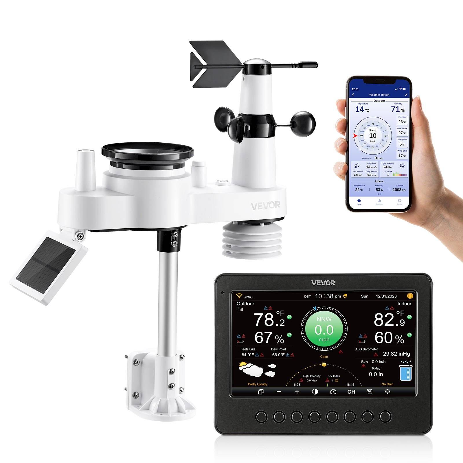 Kabellose Wetterstation mit Solarsensor, eine App auf einem Telefon und eine Konsolenausgabe, die Wettermessungen wie Temperatur, Luftfeuchtigkeit, Wind und Regen anzeigt.