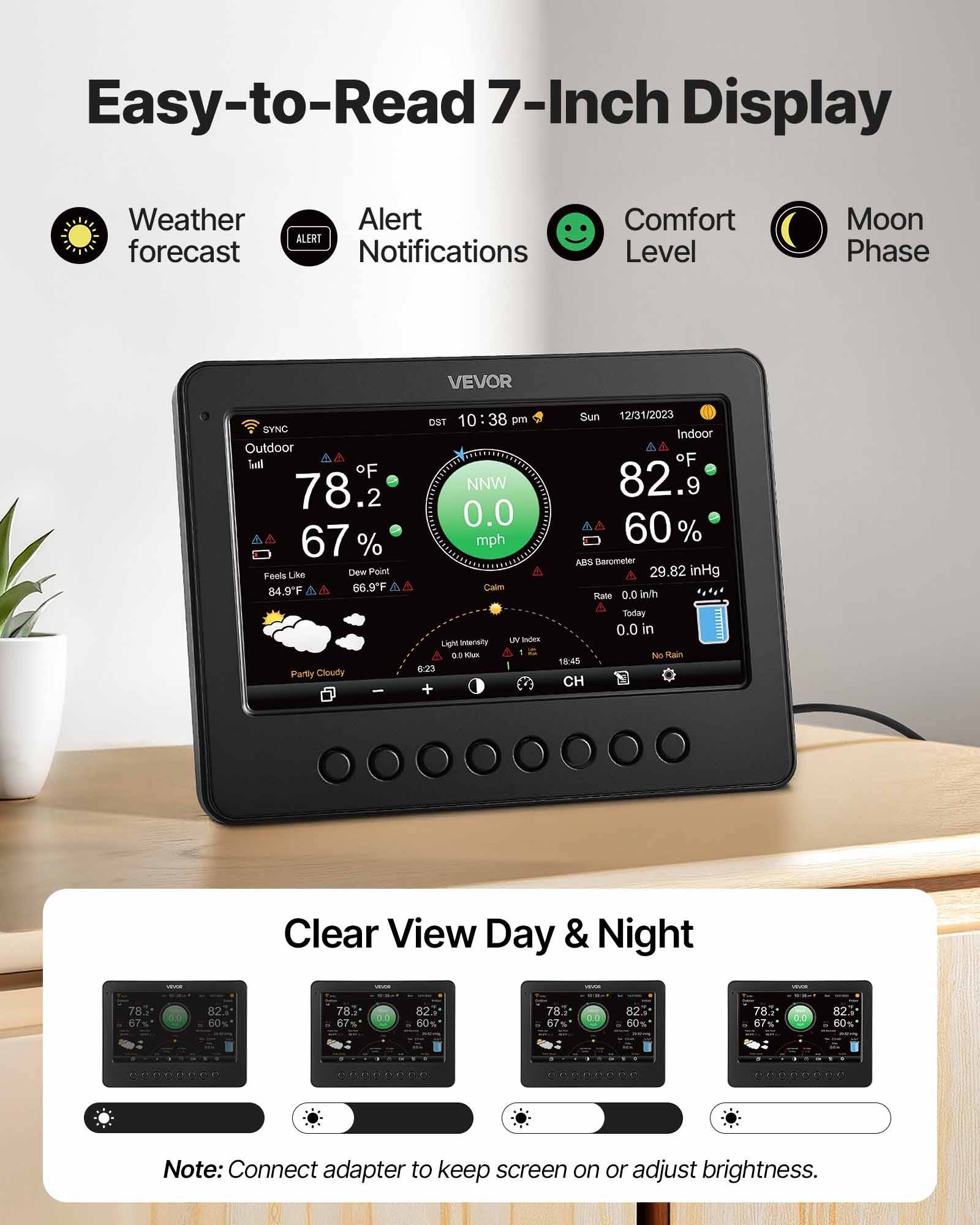 Werbebild eines 7-Zoll-Wetterdisplays mit Wettervorhersage, Warnmeldungen, Komfortstufe und Mondphase, mit klarer Anzeige von Tag und Nacht.