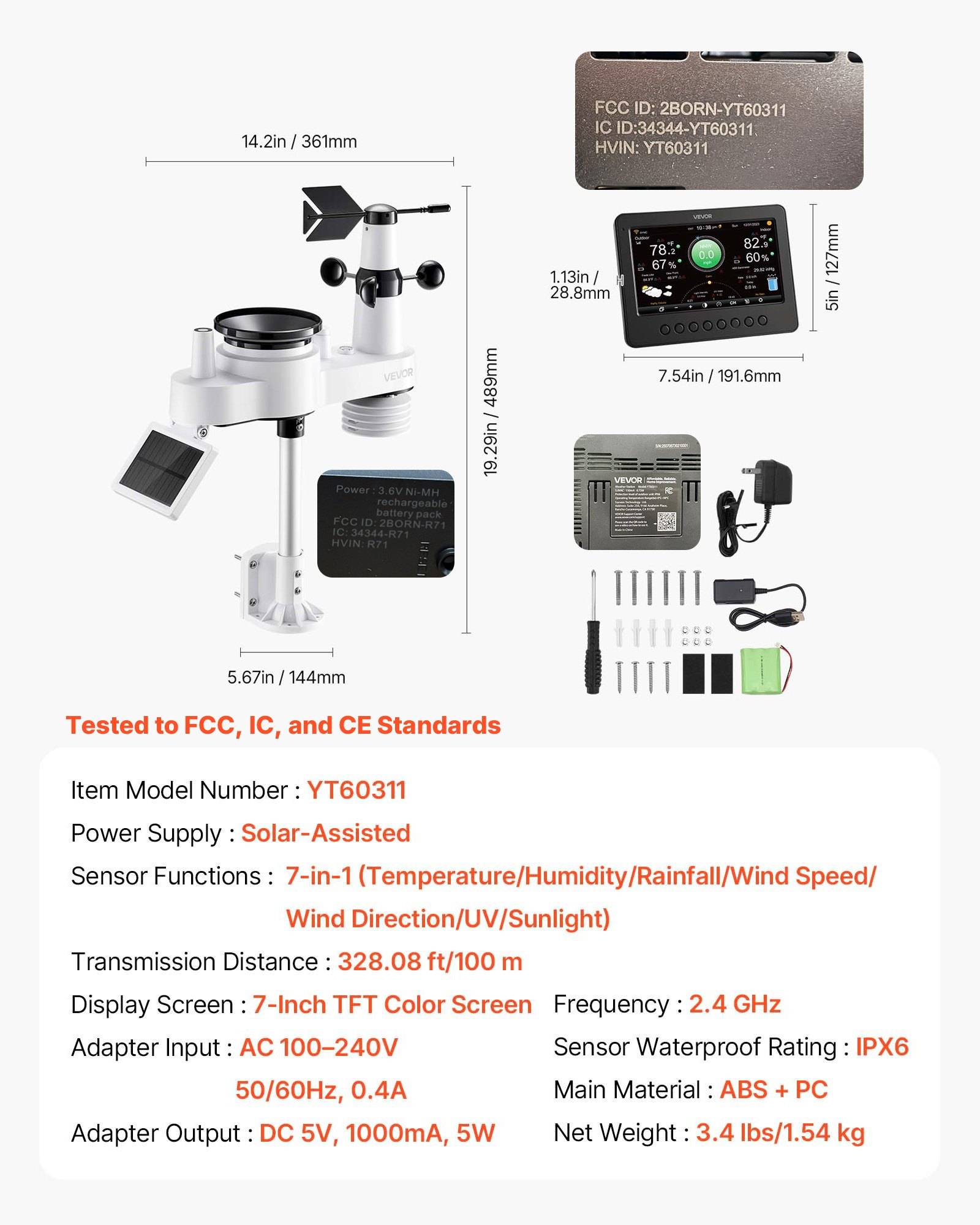 VEVOR 7-in-1 WLAN-Wetterstation, 7-Zoll-TFT-Display, solarbetriebener Außensensor, Wettercenter zur Wettervorhersage, Windgeschwindigkeit