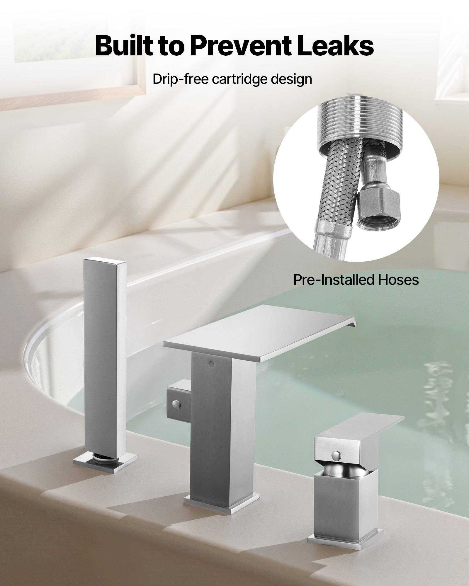 Wasserhahn-Anzeige mit einem modernen Badezimmerarmaturen-Design mit dem Text „Entwickelt zur Leckagevermeidung" und Beschriftungen für „Tropffreies Patronendesign"" und „Vorinstallierte Schläuche"".