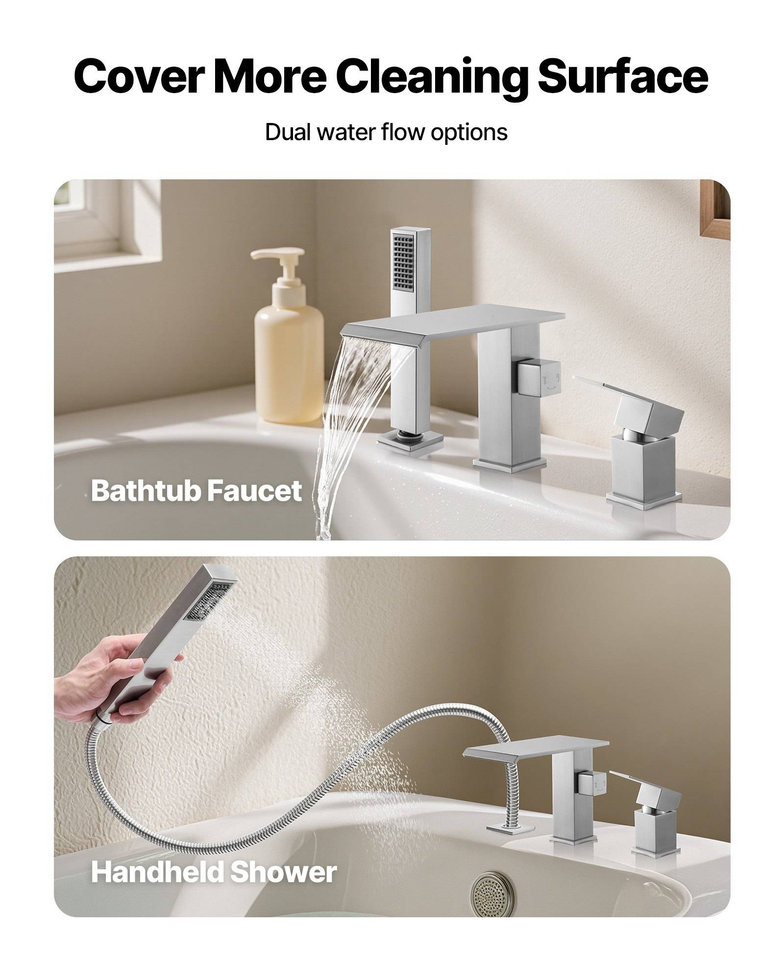 Produktanzeige mit einer Badewannenbatterie und einer Handbrause, die "Größere Reinigungsfläche abdecken"" und ""Zwei Wasserdurchflussmöglichkeiten"" für eine breitere Wasserverteilung hervorhebt.