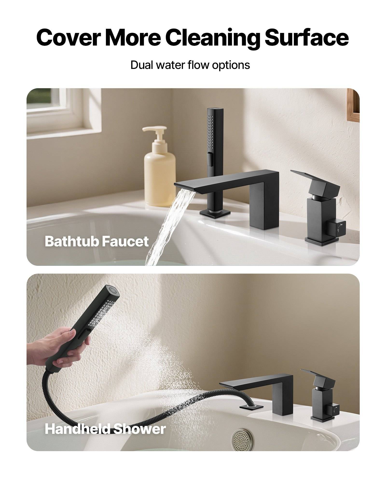 Werbeabbildung zeigt einen matte schwarzen Badewannenhahn mit zwei Wasserdurchflussoptionen: "Badewannenhahn"" und ""Handbrause"" für umfassendere Reinigungsabdeckung.