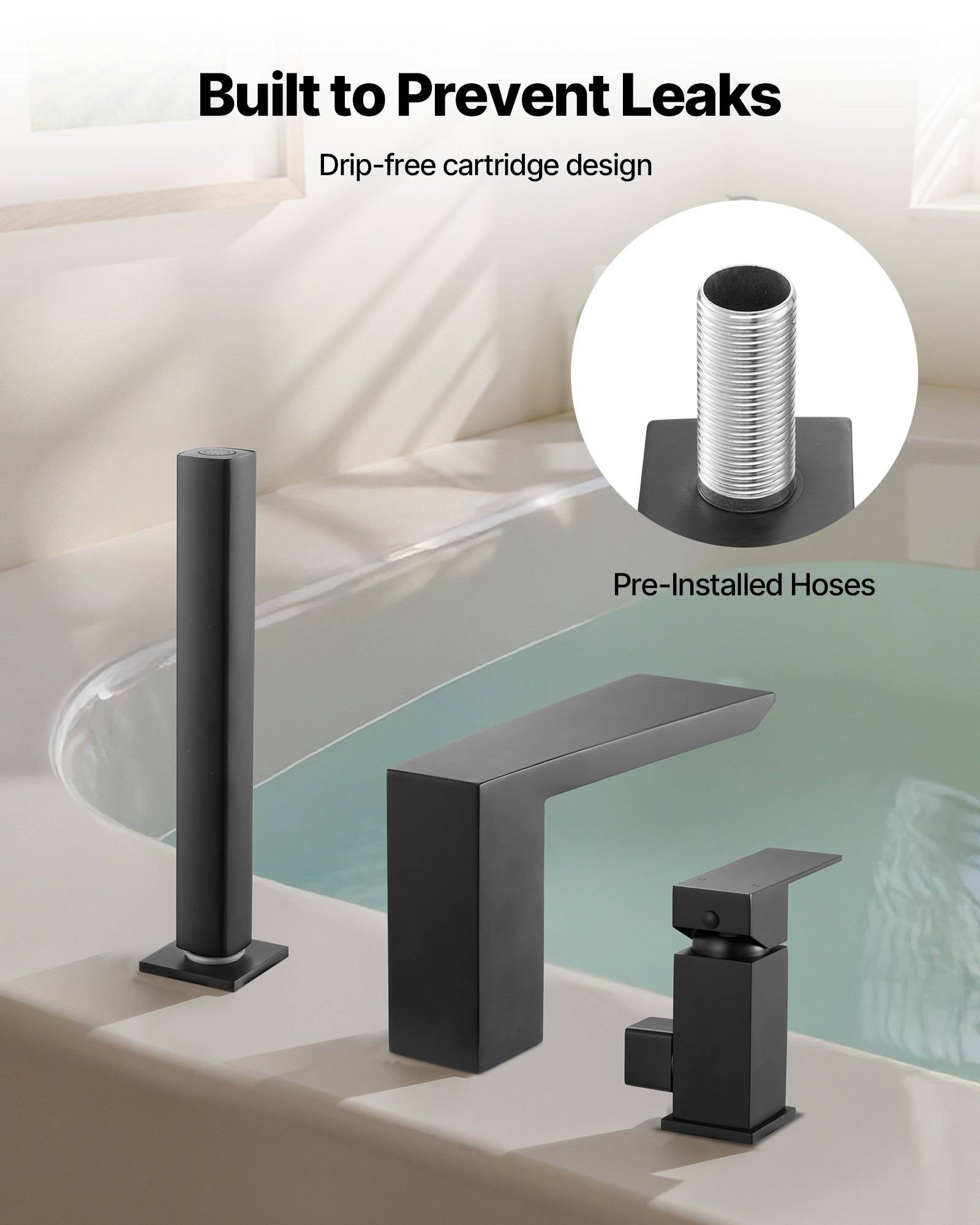 Badezimmer-Armaturenset in mattem Schwarz an einem Waschbecken und einer Badewanne, gekennzeichnet mit „Konstruiert zur Leckageprävention" mit Beschriftung „Tropffreies Kartusch-Design"" und „Vorinstallierte Schläuche"".