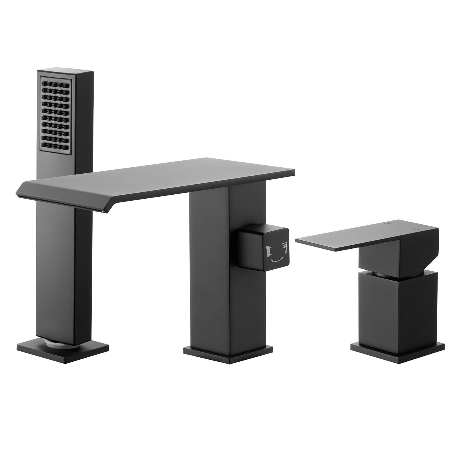 Schwarzes rechteckiges Badezimmer-Armaturen-Set mit hohem Auslauf, Griff und separater passender Seitenkomponente auf weißem Hintergrund.