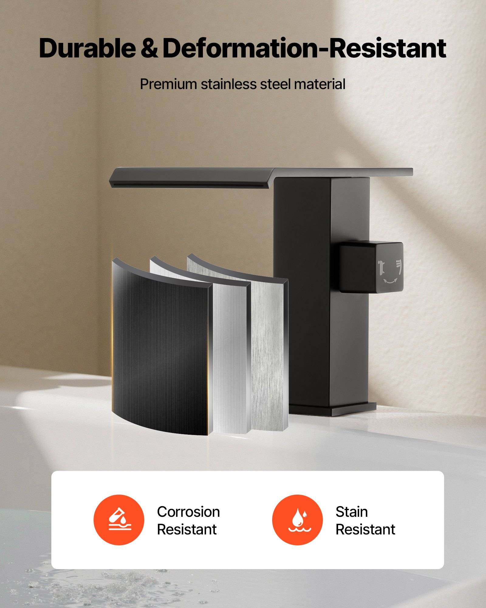 Produktabbildung eines modernen Wasserhahns mit der Bezeichnung „Langlebig und verformungsresistent" und „Hochwertiges Edelstahlmaterial"" mit Beschriftungen für „Korrosionsbeständig"" und „Fleckenbeständig"".