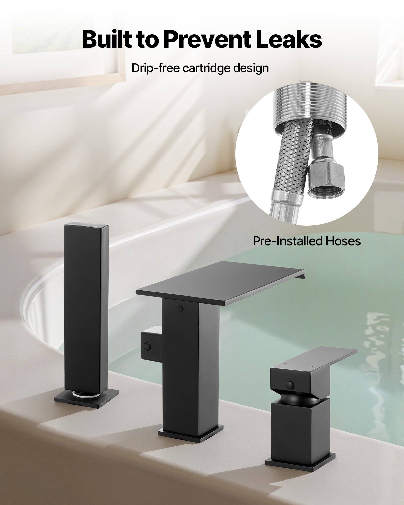 Badezimmerarmaturen-Set mit der Beschriftung „Konstruiert zur Leckagevermeidung" und „Tropffreies Patronendesign""; zeigt schwarze Armaturen neben einer Badewanne und eine Nahaufnahme von vorinstallierten Schläuchen.
