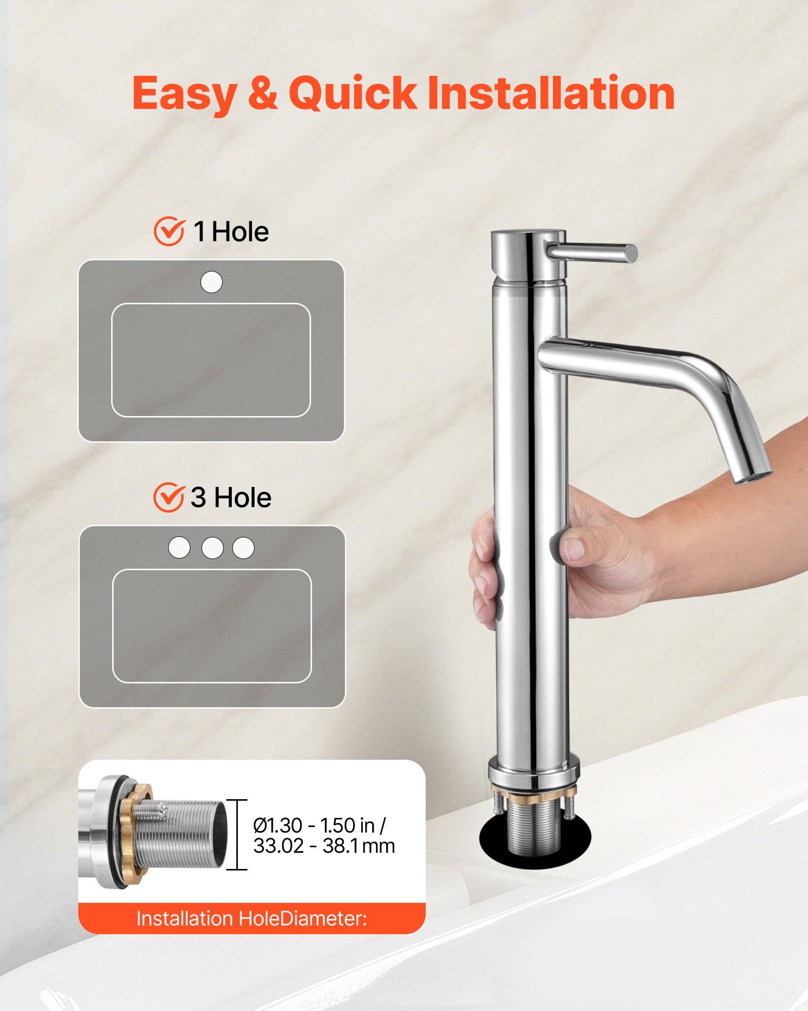 Produktinstallationsgrafik zeigt, dass ein Wasserhahn mit 1-Loch- oder 3-Loch-Waschbecken kompatibel ist; der Installationsloch-Durchmesser beträgt 1,30–1,50 Zoll (33,02–38,1 mm).