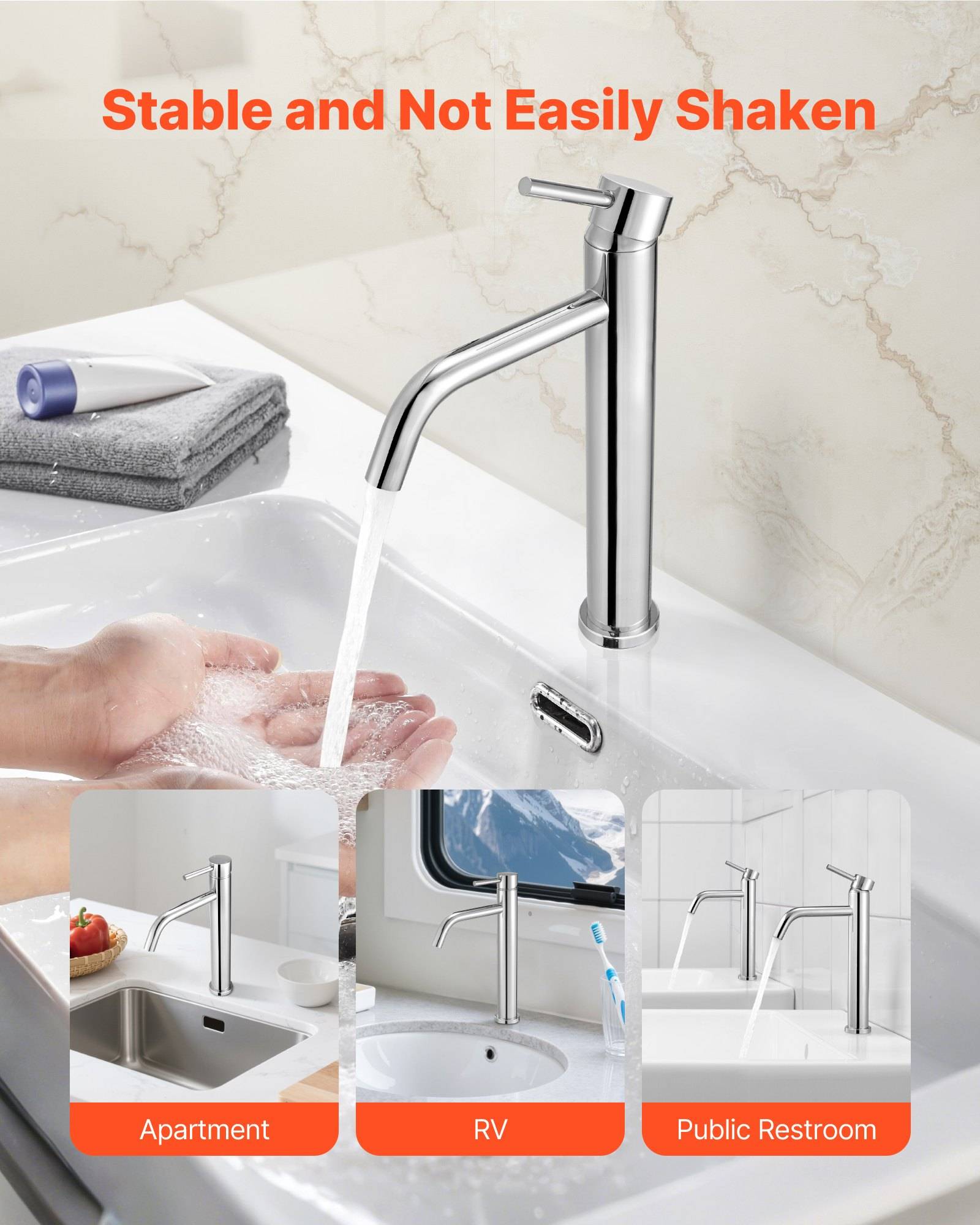 Chrom-Badezimmerhahn mit Wasser, das in ein Waschbecken fließt, mit dem Text „Stabil und nicht leicht zu erschüttern" und drei Anwendungsbeispiele: Wohnung, Wohnmobil, öffentliche Toilette.