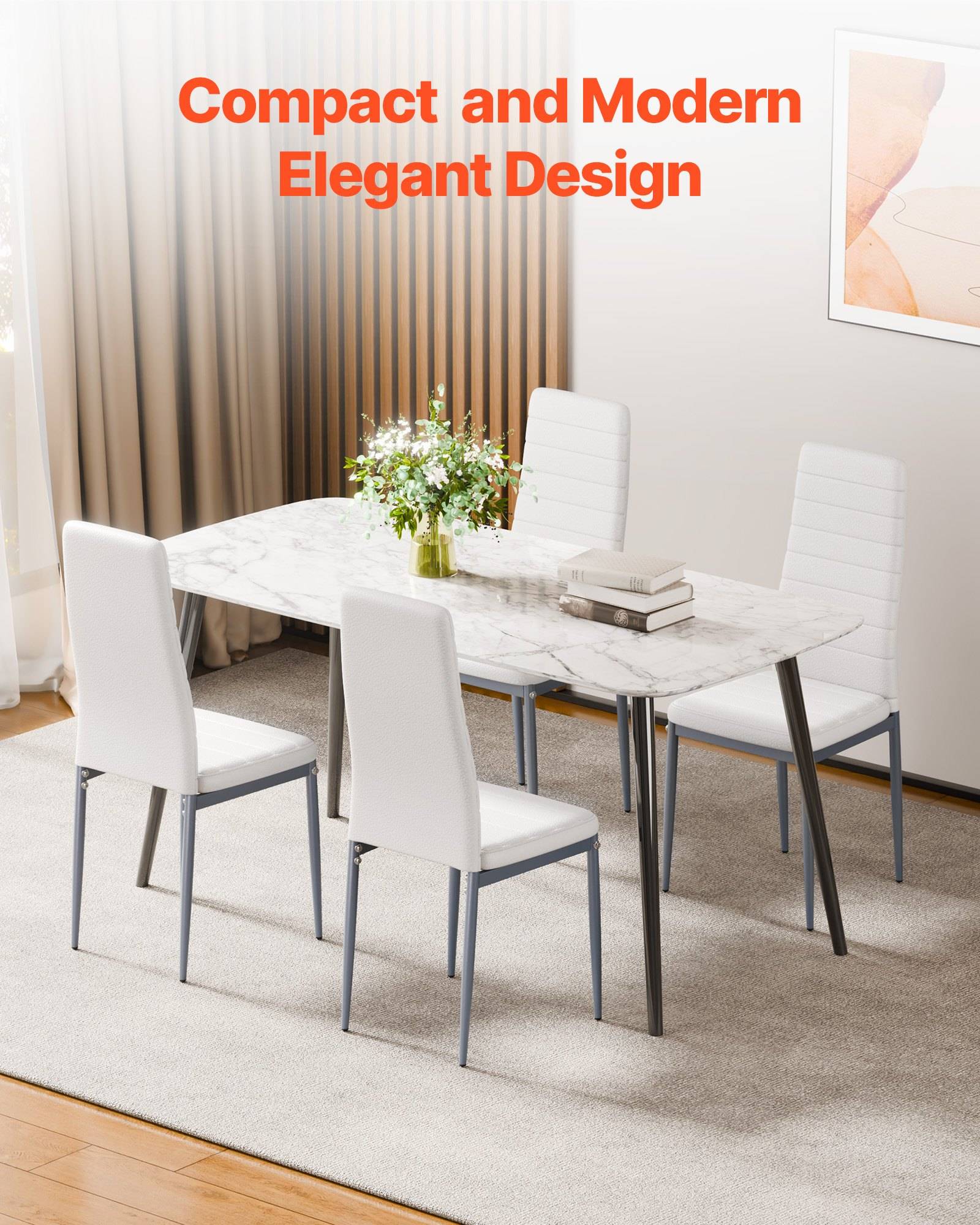 Modernes Esszimmer mit weißem Marmortisch, vier weißen Stühlen, Blumen, Büchern und dem Text „Kompaktes und modernes elegantes Design".