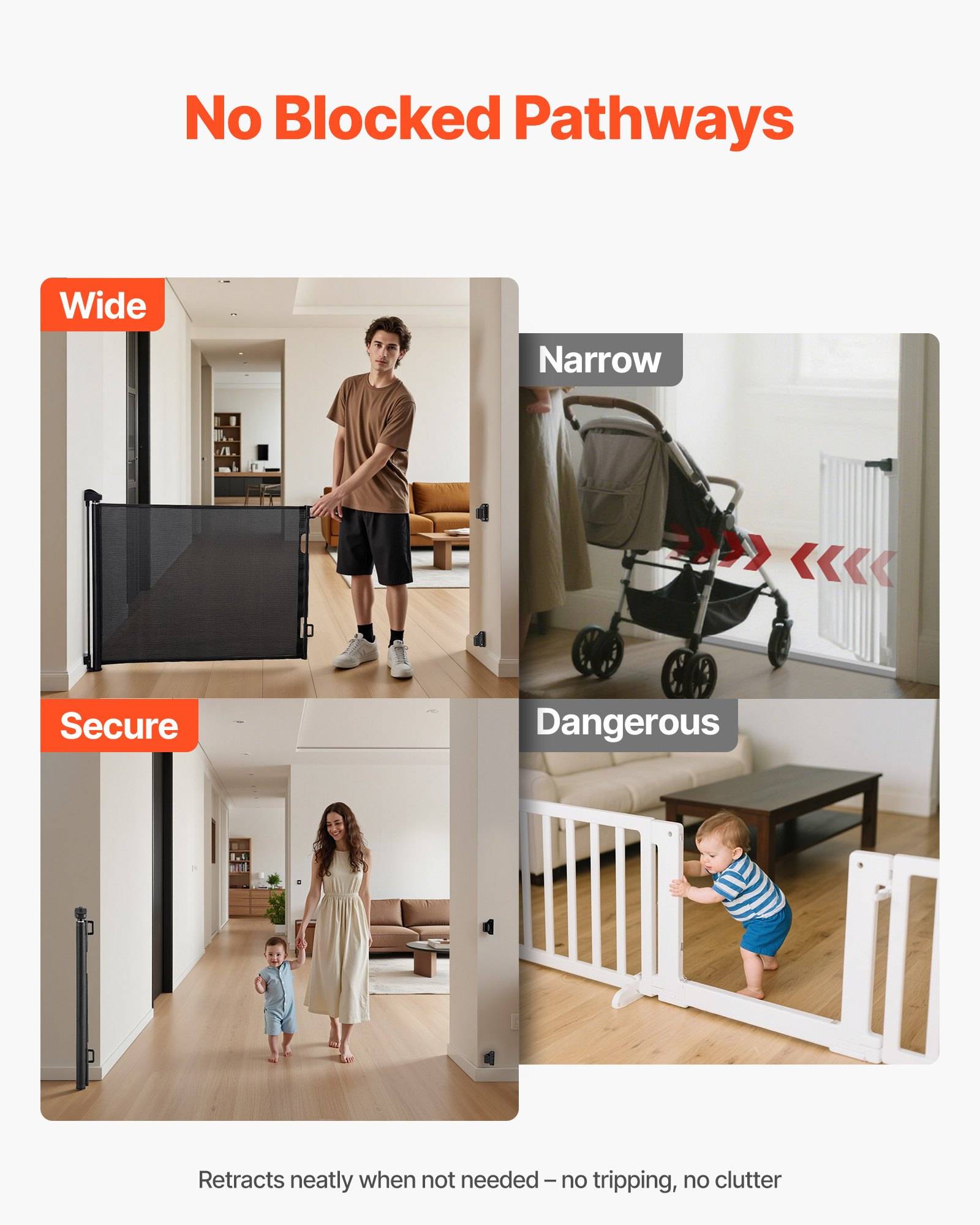 Werbegrafikvergleich mit dem Titel „Keine blockierten Wege" zeigt ein ausziehbares Babytor, das breit und sicher ist, im Gegensatz zu eng und gefährlich, mit einem beispielhaften kinderfreundlichen Flur im Haus.