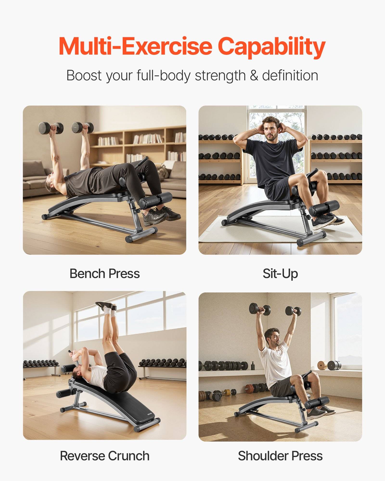 Fitness-Werbung zeigt eine Trainerbankmaschine für Bankdrücken, Sit-ups, umgekehrte Crunches und Schulterdrücken, mit der Überschrift „Multi-Trainings-Funktionalität" und einem Untertitel über umfassendes Ganzkörpertraining.