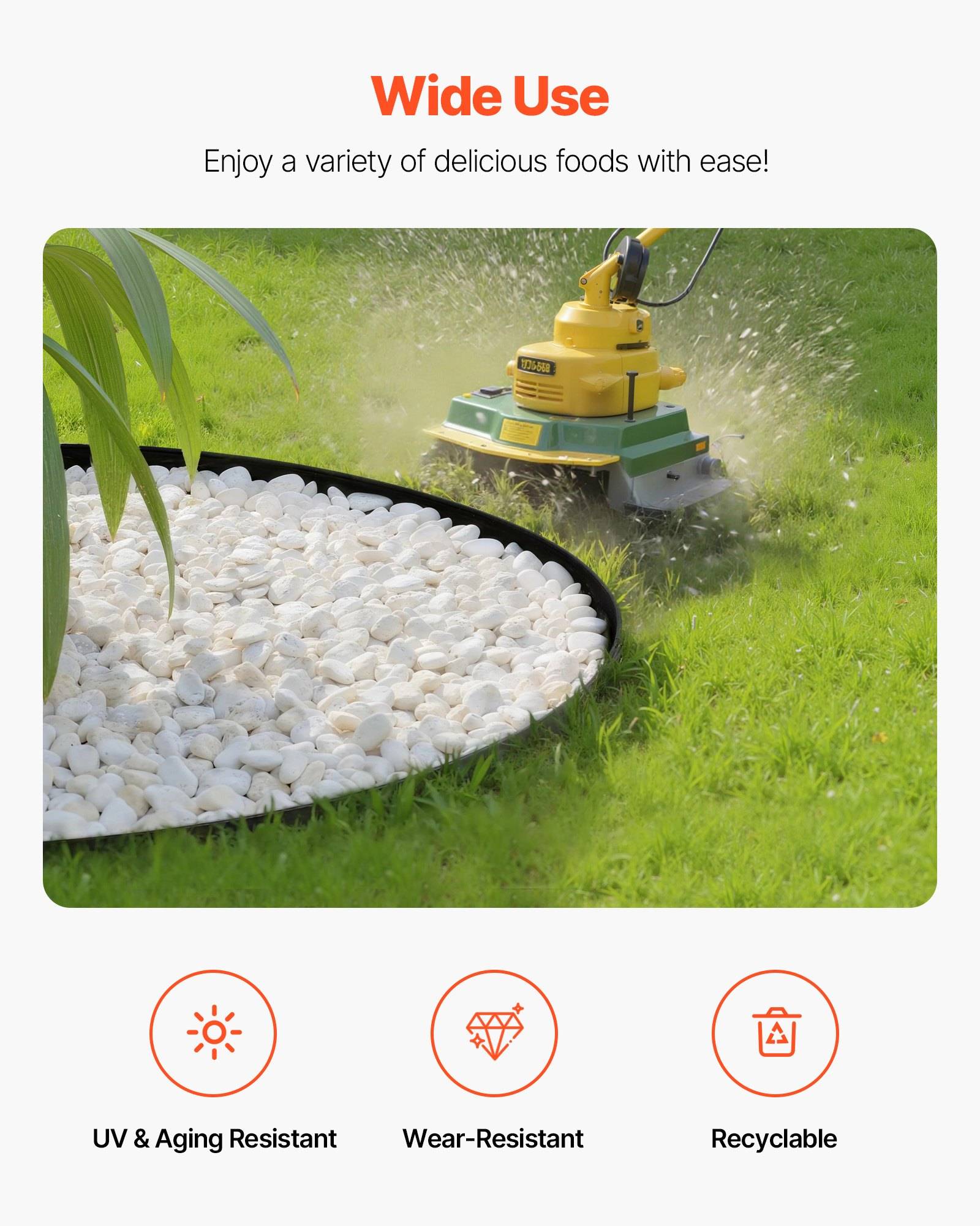 Werbebild eines Rasenroboters, der Gras um eine mit weißen Steinen gefüllte Terrasse trimmt, mit dem Text „Breite Anwendung" und Symbolen für UV- und Alterungsbeständigkeit, Verschleißfestigkeit und Recycelbarkeit.