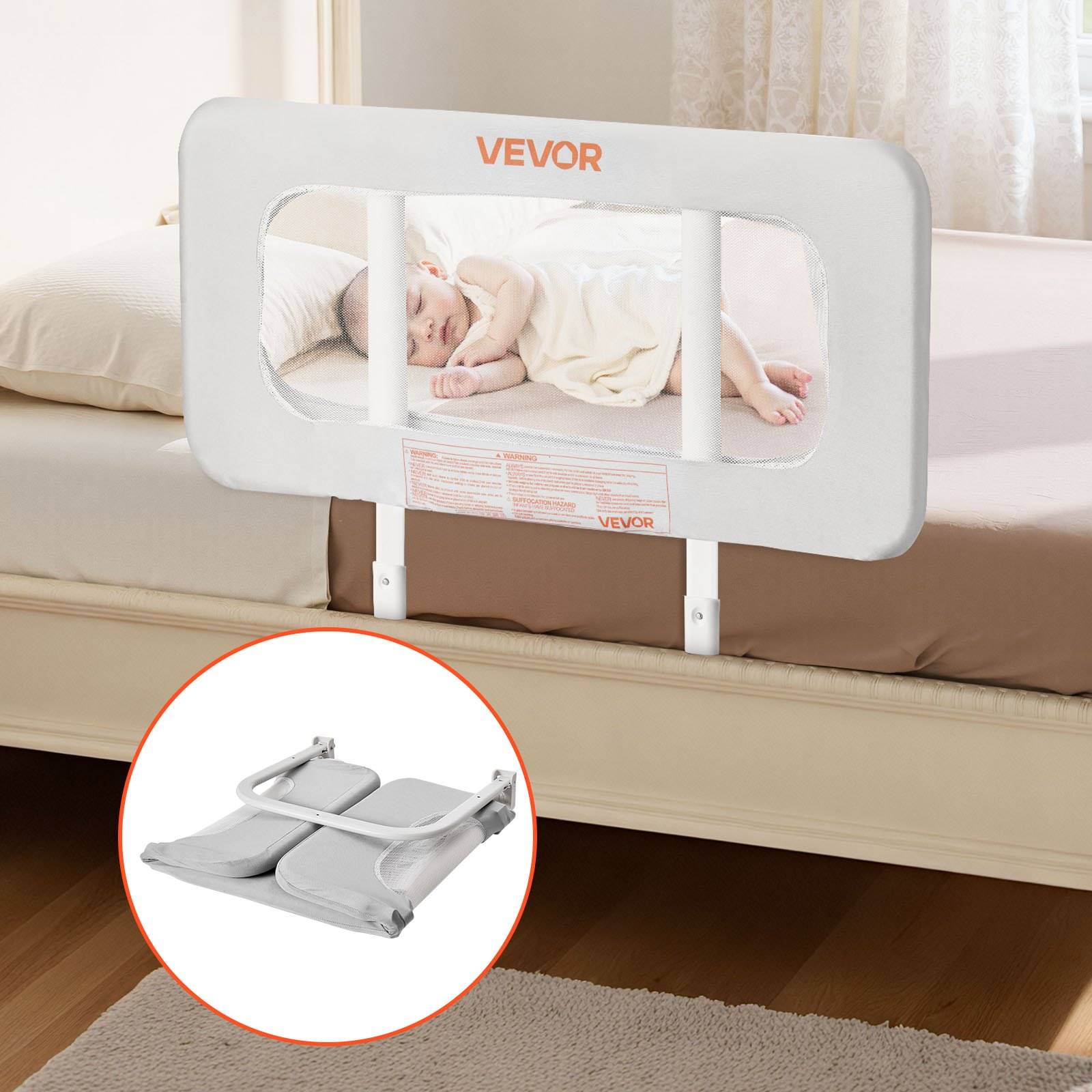 Baby schläft sicher im Bett hinter einer weißen VEVOR-Bettschutzleiste, mit einer Nahaufnahme, die die zusammengeklappte Schutzleiste zur Lagerung zeigt.