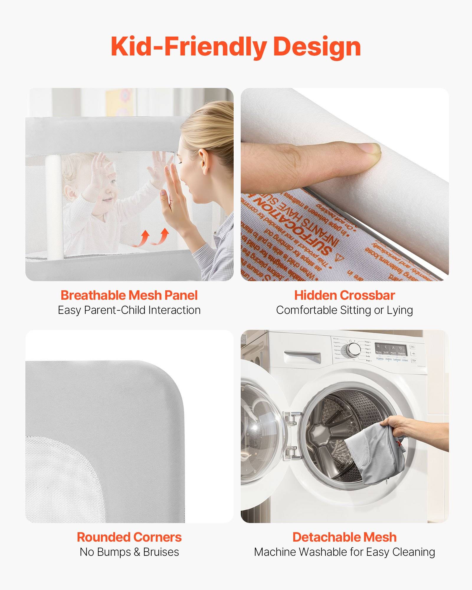 Kinderfreundliches Design-Infografik mit atmungsaktivem Mesh-Panel, versteckter Querstrebe, abgerundeten Ecken und abnehmbarem Mesh für Sicherheit und einfache Reinigung.