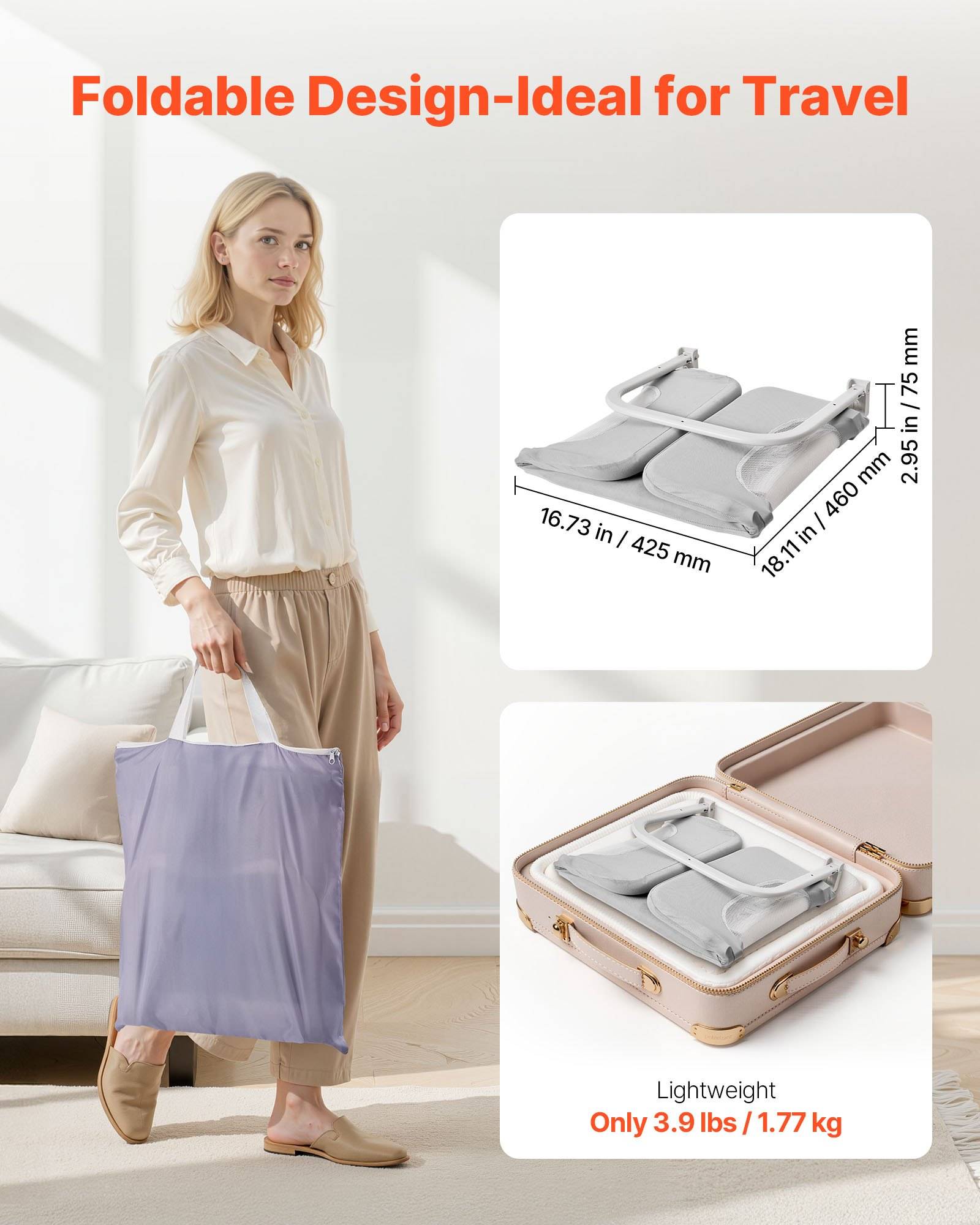 Reisetasche gezeigt zusammengefaltet in einen kompakten Koffer, mit Abmessungen von 16,73 x 18,11 x 2,95 Zoll, und gekennzeichnet als leichtgewichtig mit nur 3,9 Pfund / 1,77 kg.