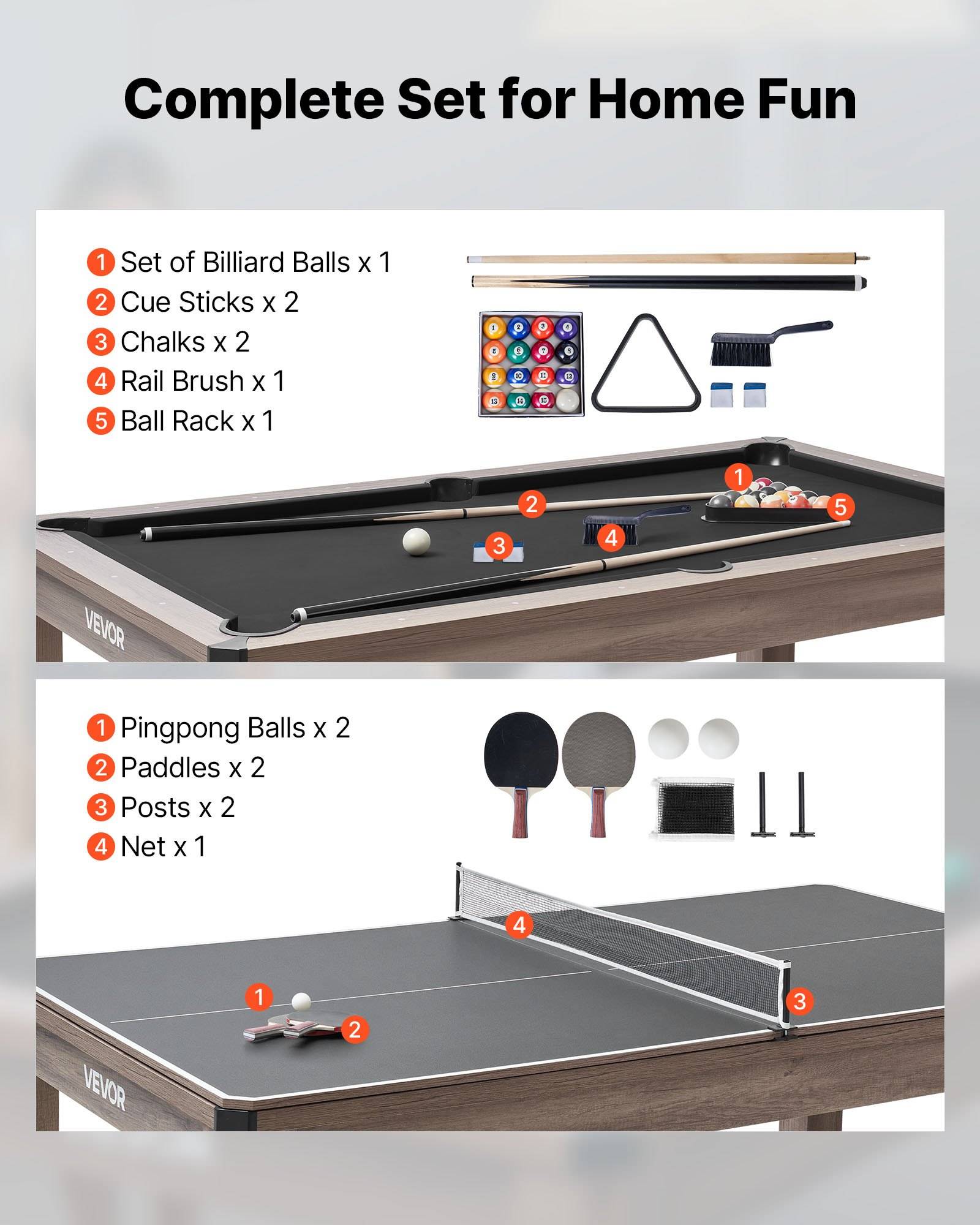 Produktgrafik mit dem Titel "Komplettes Set für Heimunterhaltung"" zeigt Billard- und Tischtennistisch-Zubehörsets mit nummerierten enthaltenen Artikeln und Komponenten.