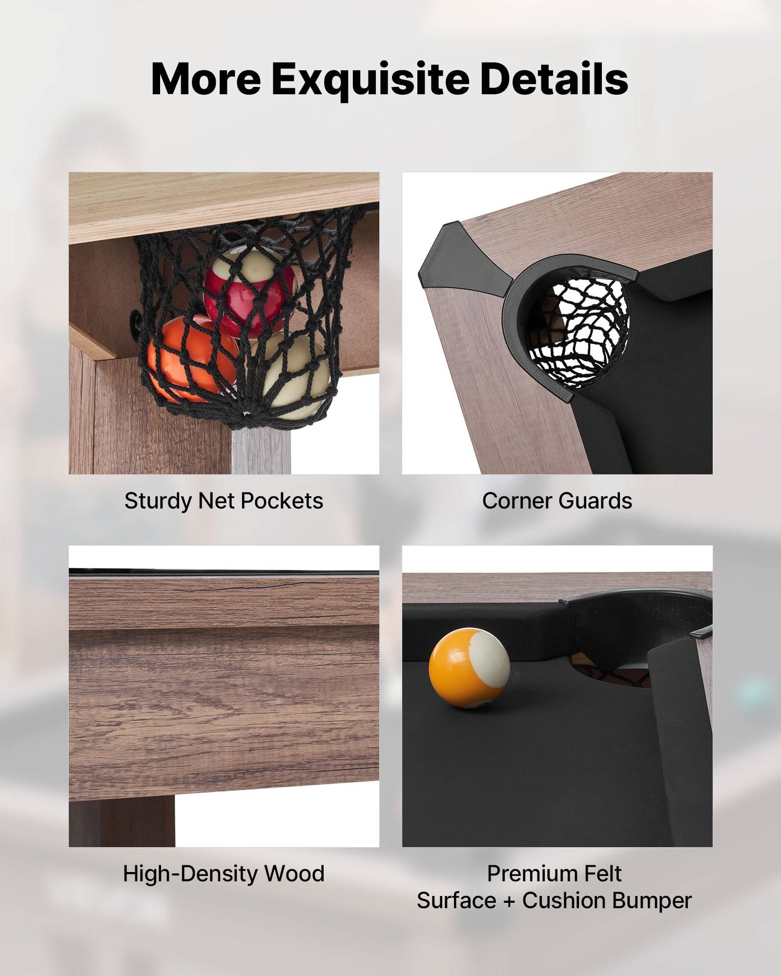Werbekampagne mit dem Titel „Mehr exquisite Details" zeigt vier Billiardtisch-Merkmale: robuste Netztaschen, Eckenschützer, hochdichtes Holz und hochwertige Filzoberfläche mit Kissenpolster.