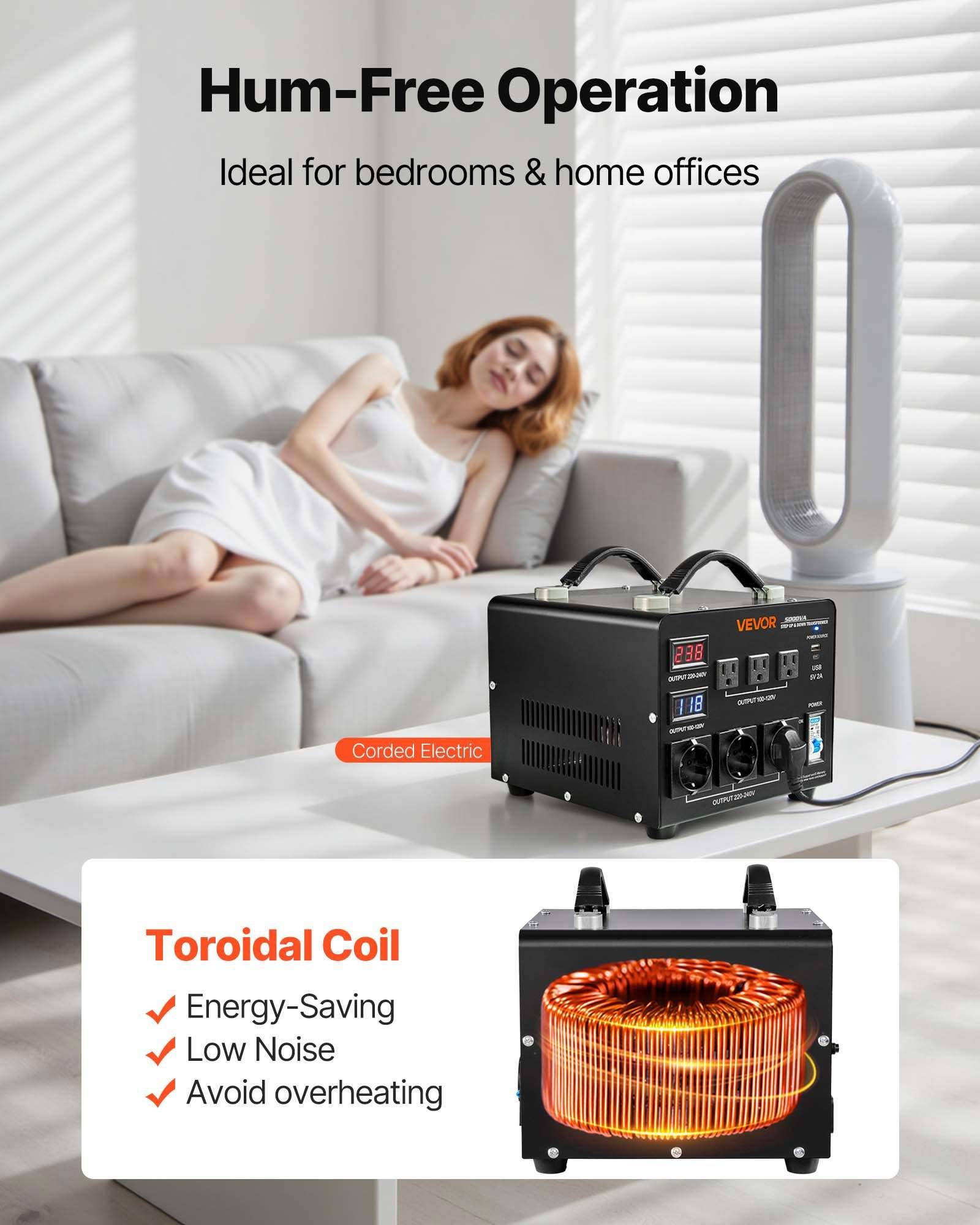 Werbebild eines leisen Turmventilators und einer tragbaren Stromstation im Schlafzimmer mit dem Text „Geräuschfreier Betrieb" und „Ideal für Schlafzimmer und Heimbüros"", das eine Toroidspule zur Energieeinsparung, geräuscharmem Betrieb und Überhitzungsprävention hervorhebt.