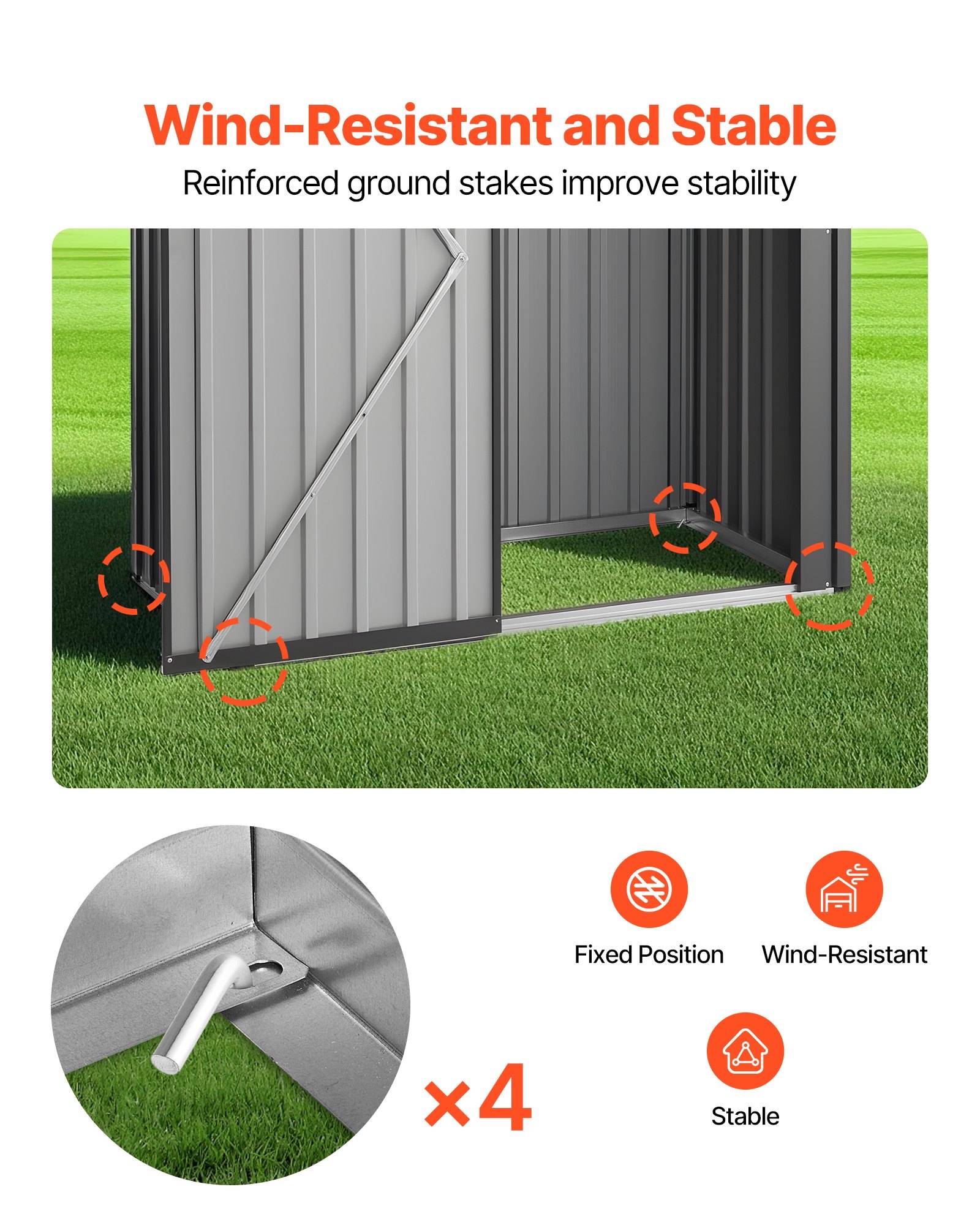 Abbildung eines Metallschuppens mit der Bezeichnung „Windbeständig und stabil" mit verstärkten Erdbefestigungen, die durch rote Kreise gekennzeichnet sind; eine Nahaufnahme zeigt Pfähle, die die Basis sichern, mit Symbolen für feste Position, Windbeständigkeit und Stabilität.