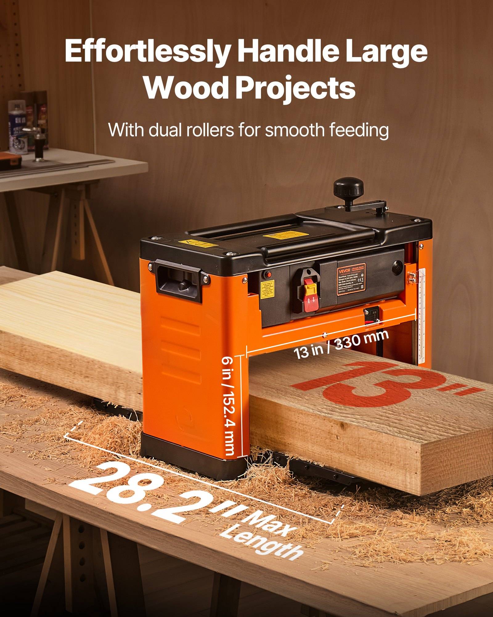 Orange-Hobelhobel mit Doppelwalzen zum Zuführen einer großen Holzplatte, mit Etikett zum Verarbeiten von bis zu 28,2 Zoll maximaler Länge, 13 Zoll Breite und 6 Zoll Höhe.