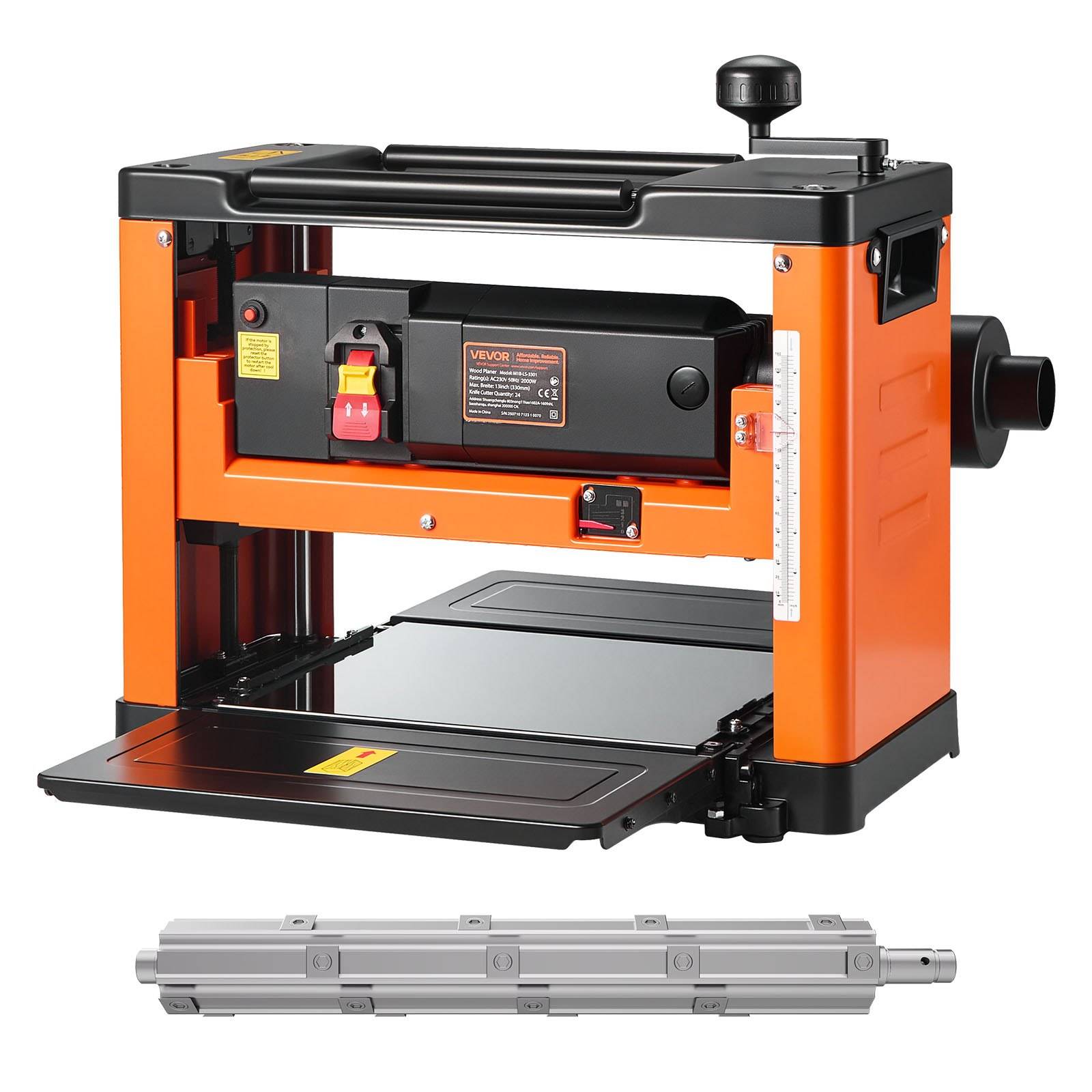Orange- und schwarzer Hobelmaschine mit Arbeitstischdicke, mit klappbaren Ein- und Auslauftischen, gezeigt mit einem separaten Hobelmesserblock darunter.