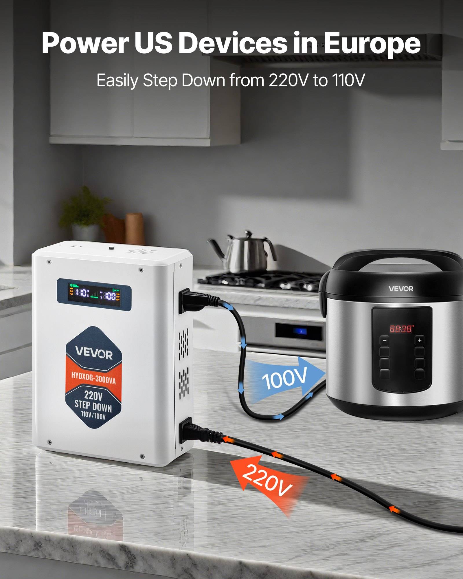 Küchenarbeitsplatte mit einer Anzeige eines VEVOR-Stromkonverters, der 220V auf 110V herabsetzt, zur Verwendung in Europa, mit Pfeilen mit der Beschriftung 220V und 100V, die zu einem Wasserkocher und einem Gerät führen.