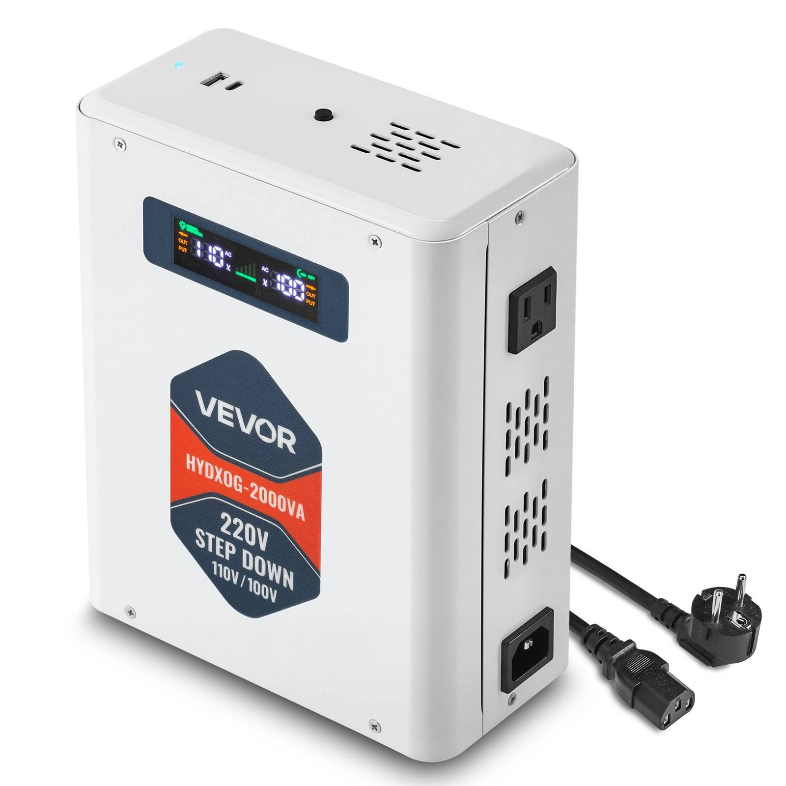 Weißer VEVOR Spannungswandler mit Digitaldisplay, Seitenausgängen und Stromkabel; mit Beschriftung für 220V Eingang und 110V/100V Ausgang.