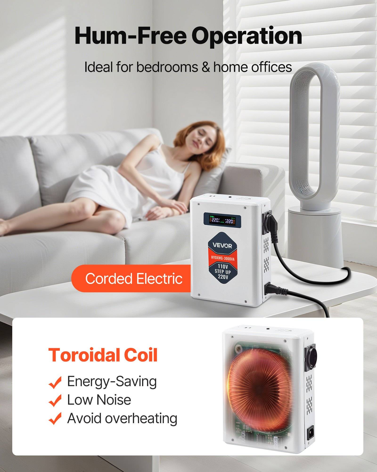 Anzeige für einen VEVOR-Luftbefeuchter mit einem schnurlosen, blattlosen Ventilator, der "geräuscharmen Betrieb"" für Schlafzimmer und Homeoffices bietet, sowie ""Toroid-Spule"" für Energieeinsparungen, niedrigen Lärmpegel und Überhitzungsschutz.
