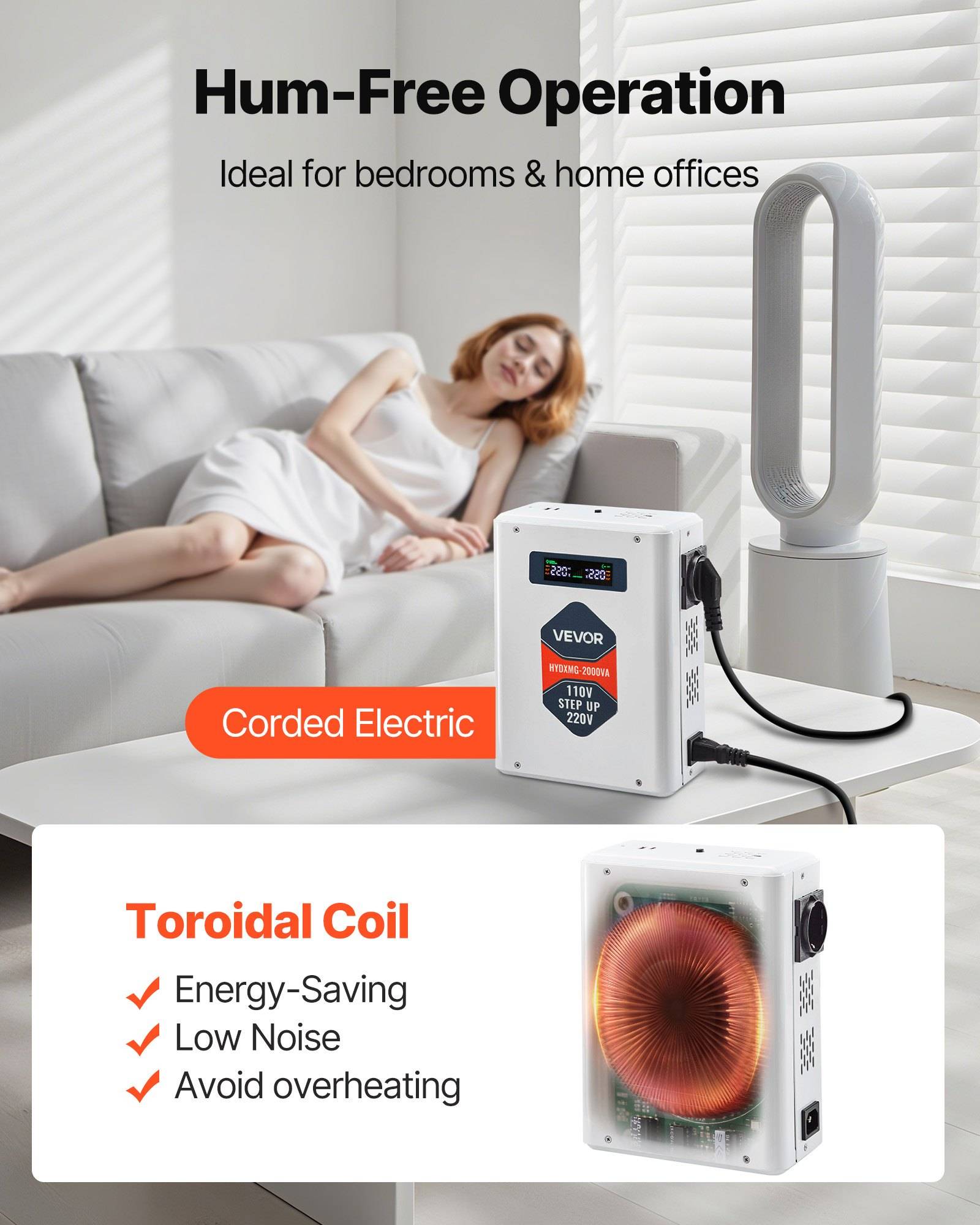 Werbebild eines blattlosen Ventilators und Stromeinheit in einem ruhigen Schlafzimmer, das „Geräuschfreier Betrieb" für Schlafzimmer und Homeoffices bewirbt, mit Ansprüchen bezüglich toroidaler Spule, Energiesparen, niedriger Lärmbelastung und Überhitzungsschutz.