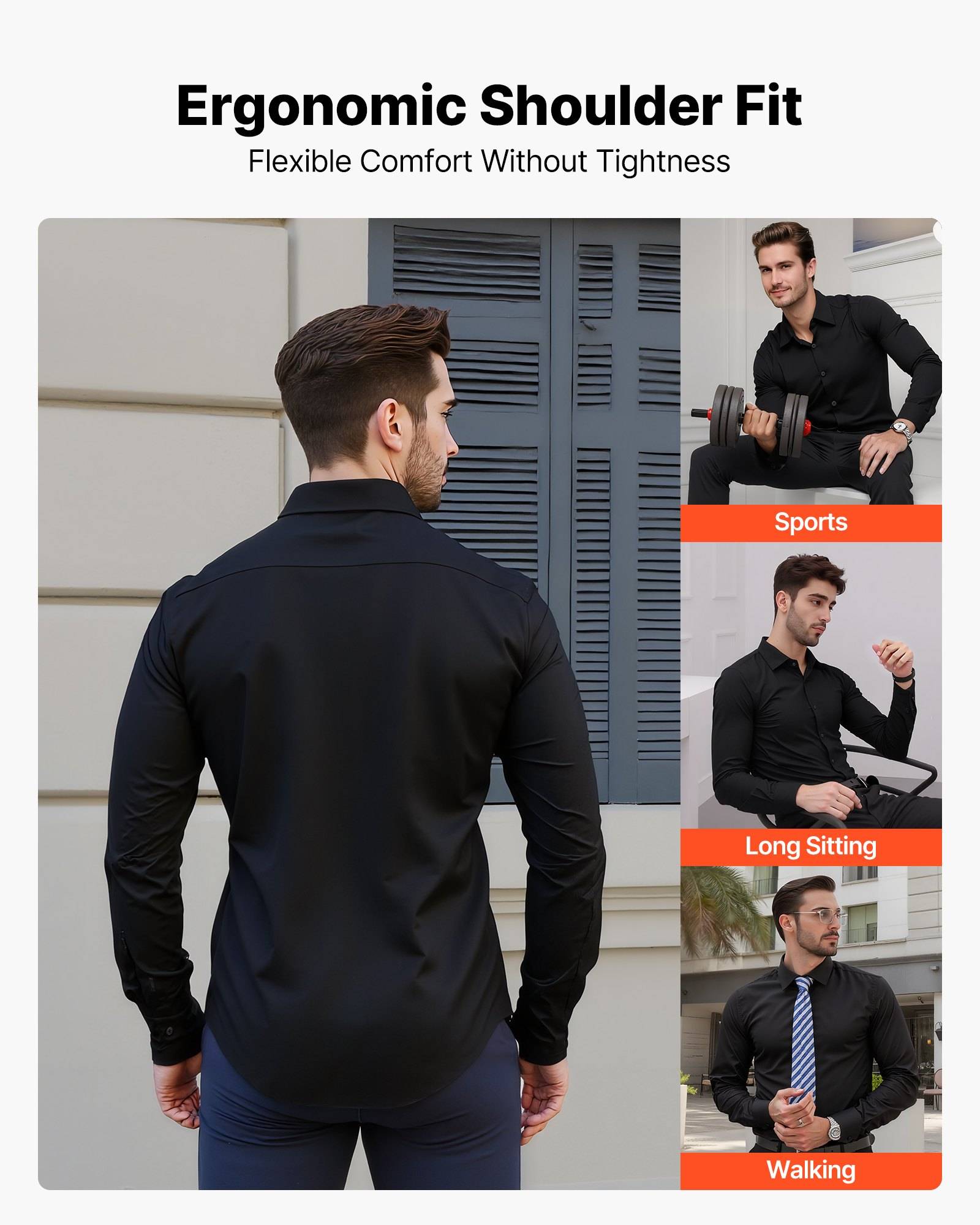 Anzeige zeigt ein schwarzes Hemd von hinten, mit der Bezeichnung „Ergonomische Schulterpassform" und „Flexible Bequemlichkeit ohne Enge"", mit eingefügten Bildern von Sport, Sitzen und Gehen.