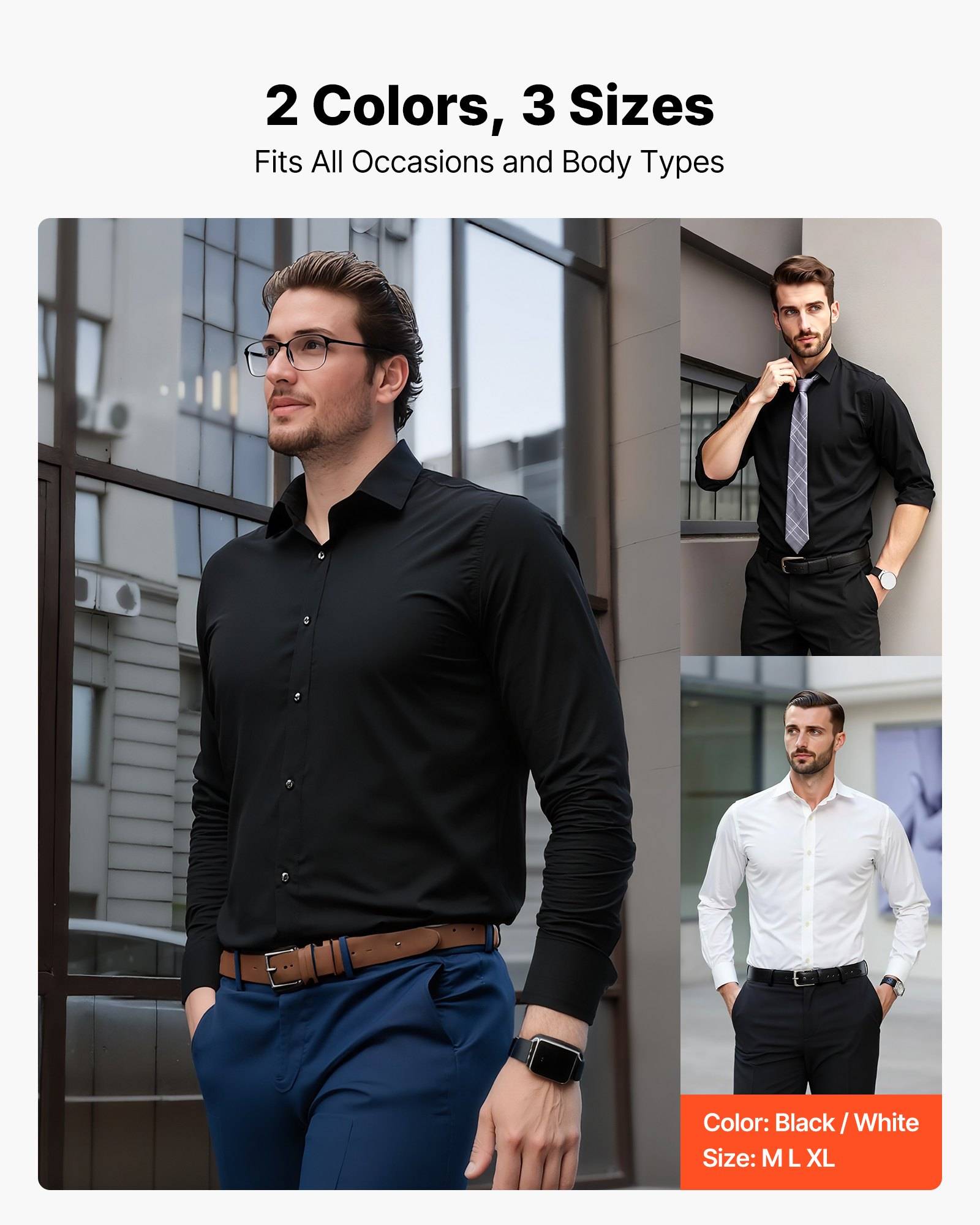 Werbebild eines Herrendresesshirts in Schwarz und Weiß, das von Modellen in drei Größen getragen wird; der Text lautet „2 Farben, 3 Größen" und „Passt zu allen Anlässen und Körpertypen"".