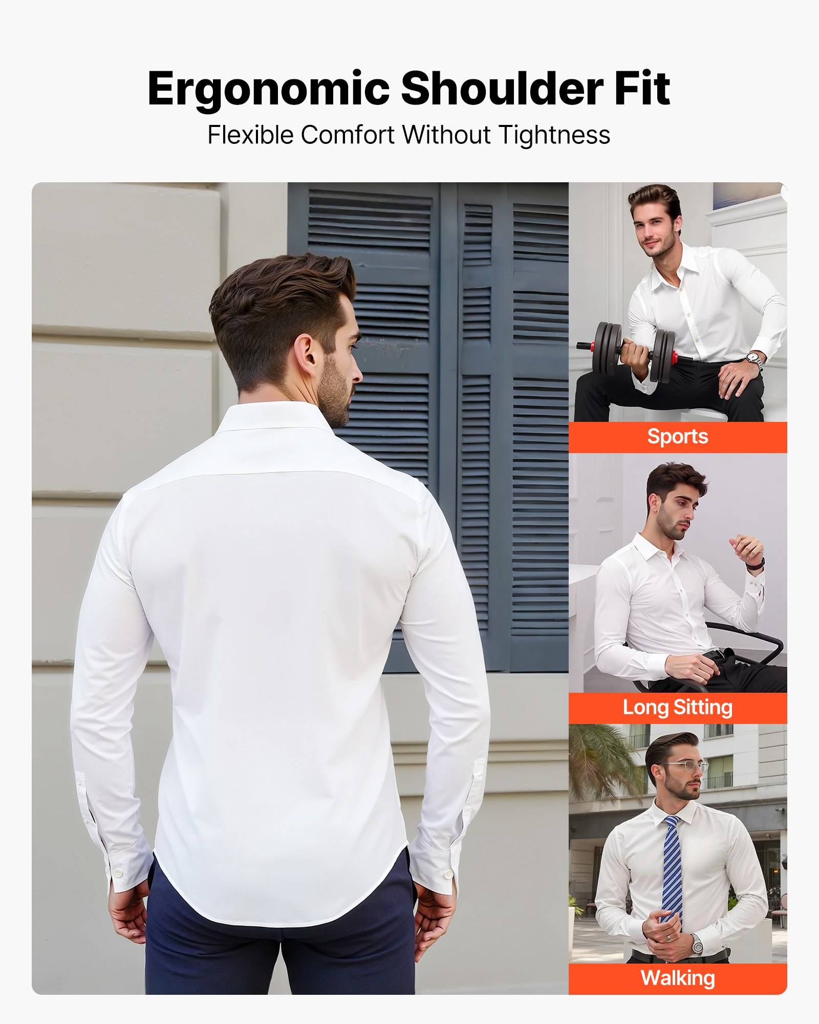 Werbebild eines weißen Hemdes mit ergonomischer Schulterpassform, von hinten gezeigt und in drei kleineren Ansichten mit den Bezeichnungen "Sport"", ""Langes Sitzen"" und ""Gehen"".