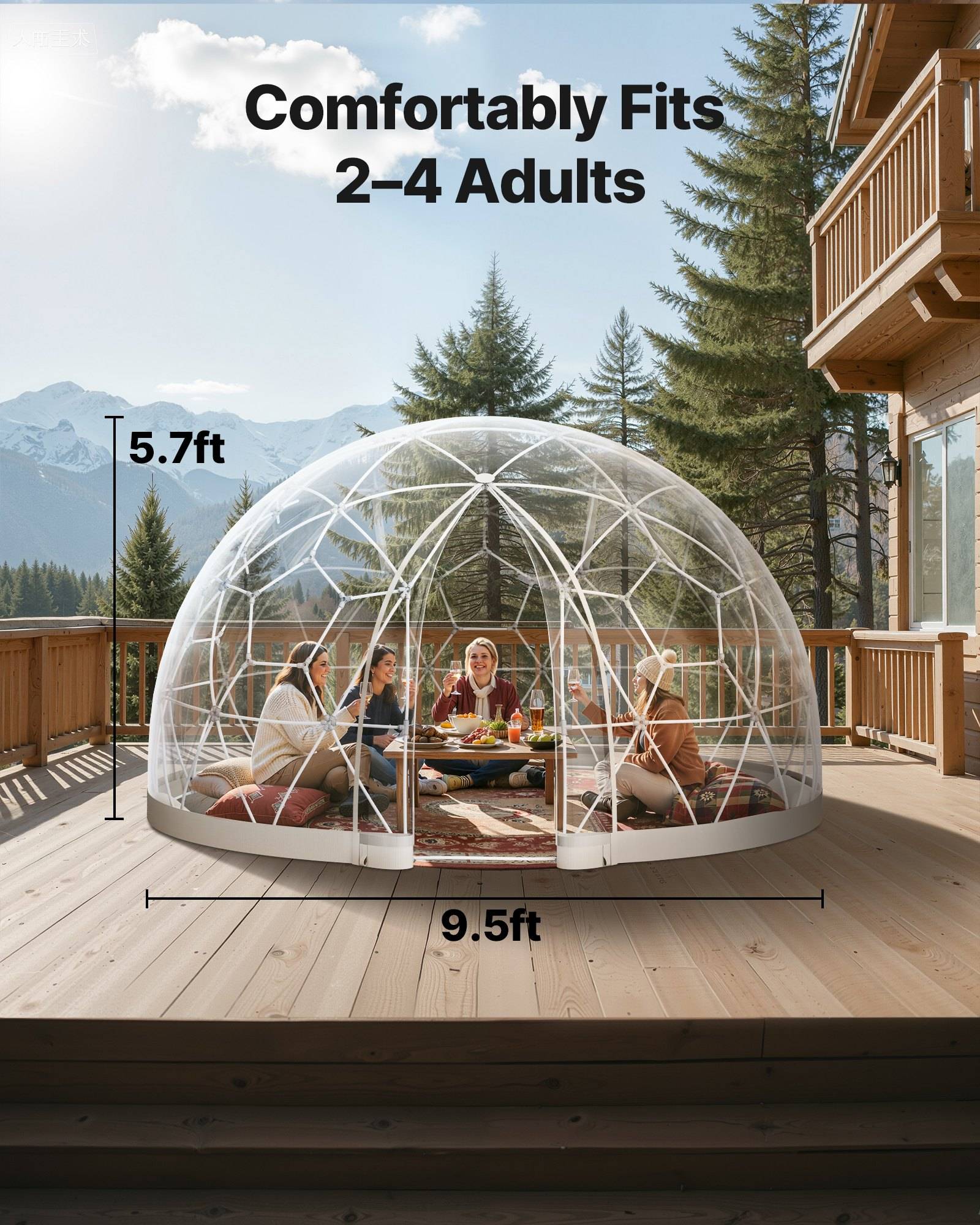 Produktbild eines transparenten Kuppelzelts auf einer Terrasse mit vier Erwachsenen im Inneren, beschriftet mit „Passt bequem für 2–4 Erwachsene"; die Abmessungen sind 9,5 Fuß breit und 5,7 Fuß hoch.
