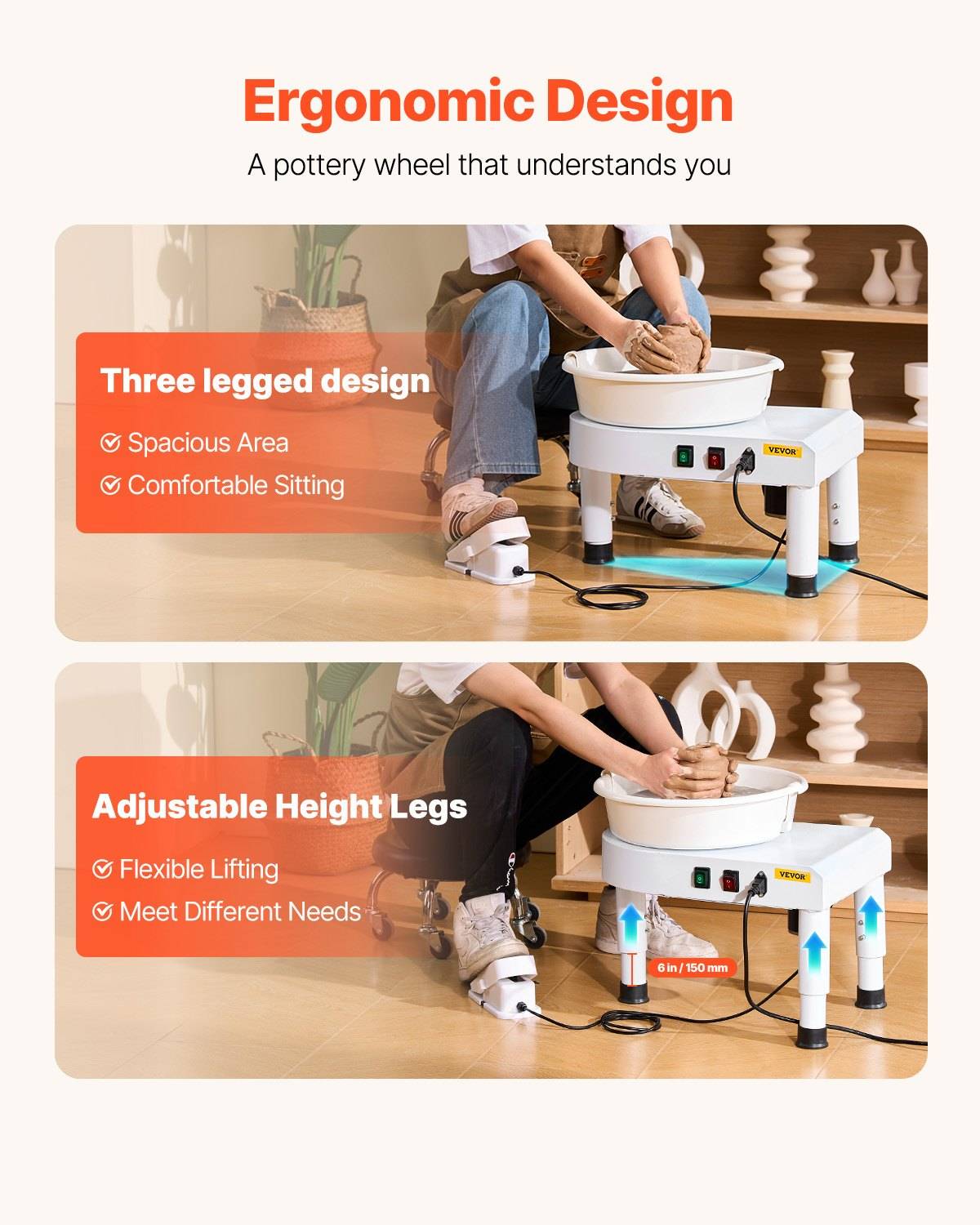 Werbebild eines ergonomischen Töpferrades mit zwei Panels, das ein dreibeiniges Design für geräumiges, komfortables Sitzen und verstellbare Höhenbeine für flexible Anhebung und verschiedene Anforderungen zeigt.