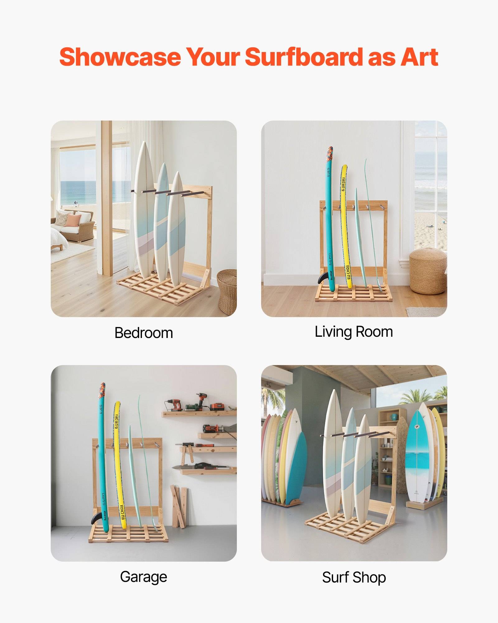 Collage mit dem Titel "Präsentieren Sie Ihr Surfbrett als Kunstwerk"" mit einer Holz-Surfbrett-Halterung, die in einem Schlafzimmer, Wohnzimmer, Garage und Surfshop ausgestellt ist.
