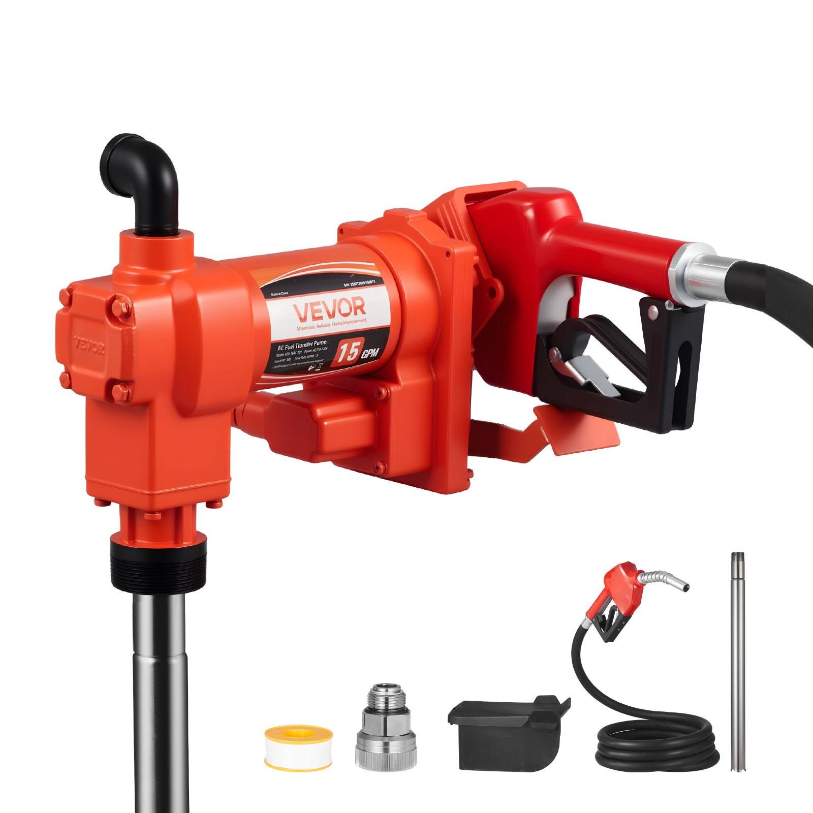 Orange VEVOR Benzinpumpe mit Schlauch und Düse, plus Zubehör einschließlich Teflonband, Adapter, Kraftstoffbehälter, Spiralschlauch und Ansaugschlauch.
